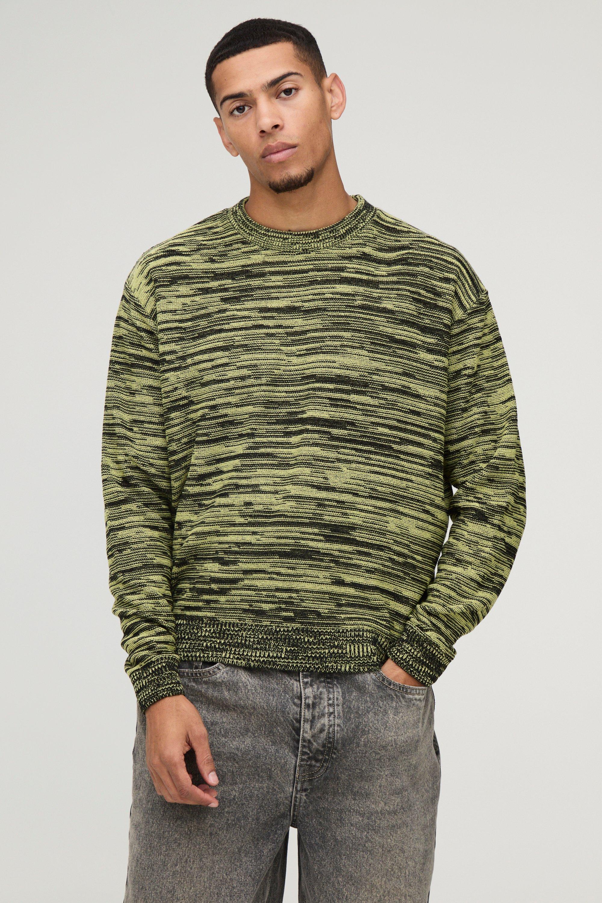 Mens Green Oversized Boxy Fit Colour Twist Knitted Jumper, Green