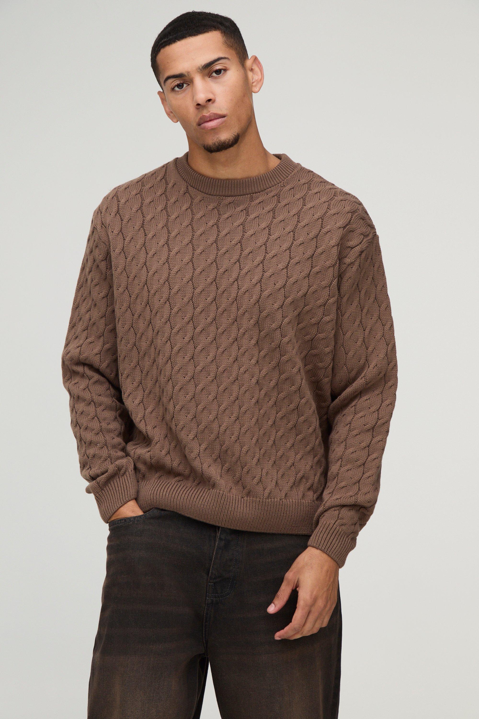 Mens Beige Oversized Boxy Fit Cable Knit Jumper, Beige