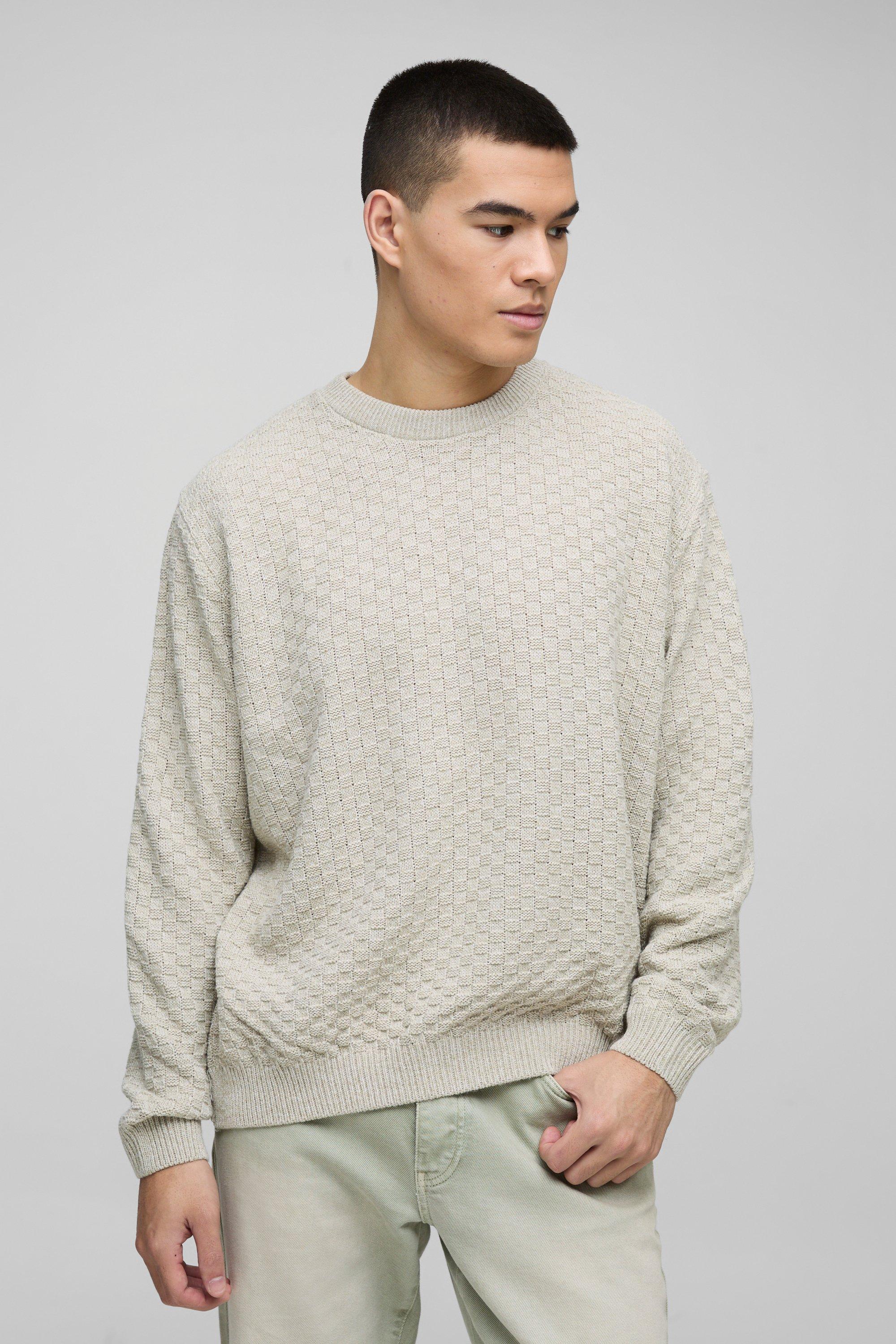 Mens Beige Oversized Boxy Basket Knitted Crew Jumper, Beige