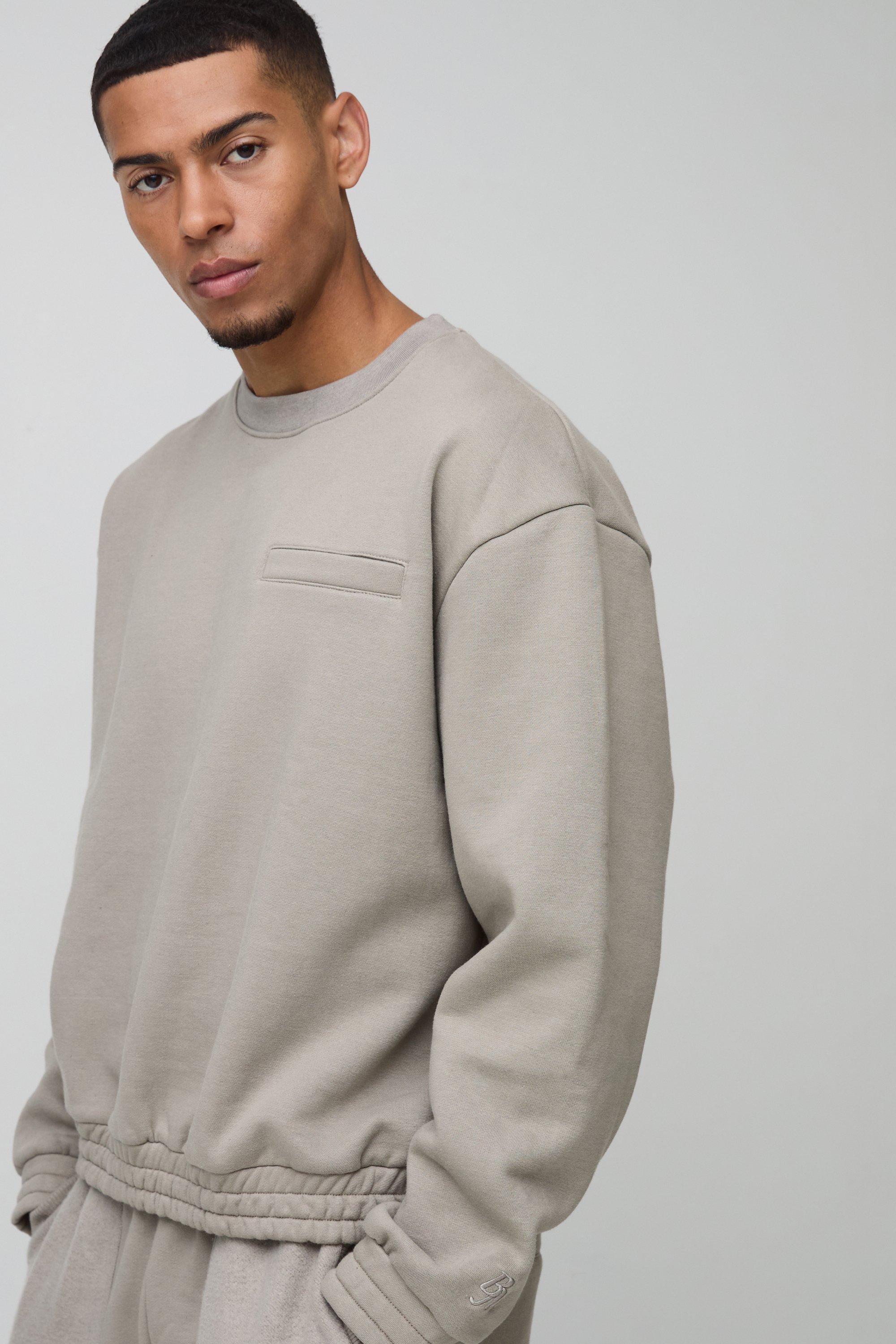 Mens Beige Oversized Boxy Heavyweight 3D Print Pocket Sweatshirt, Beige