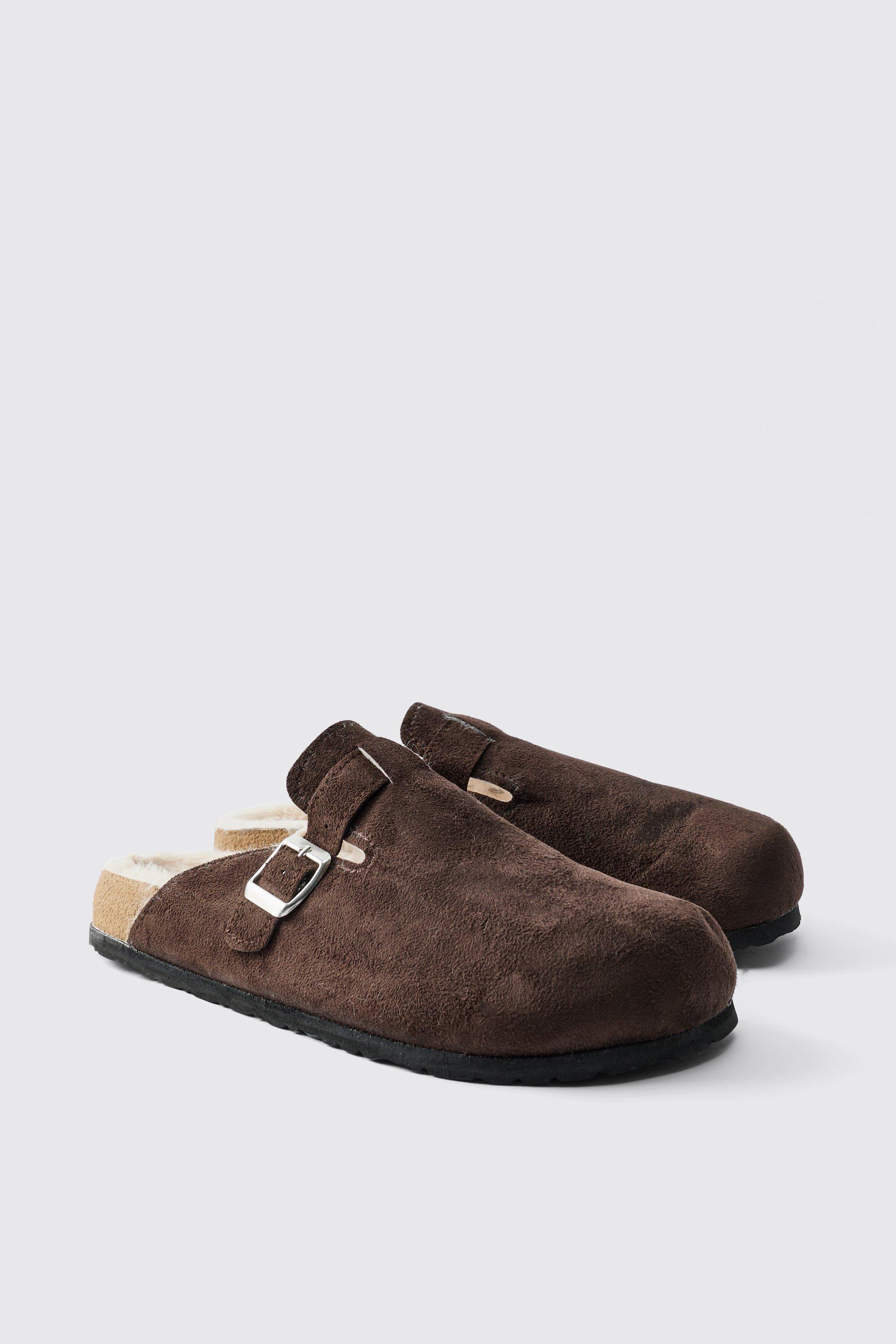 Mules in scamosciato sintetico marrone foderato in sherpa, Brown