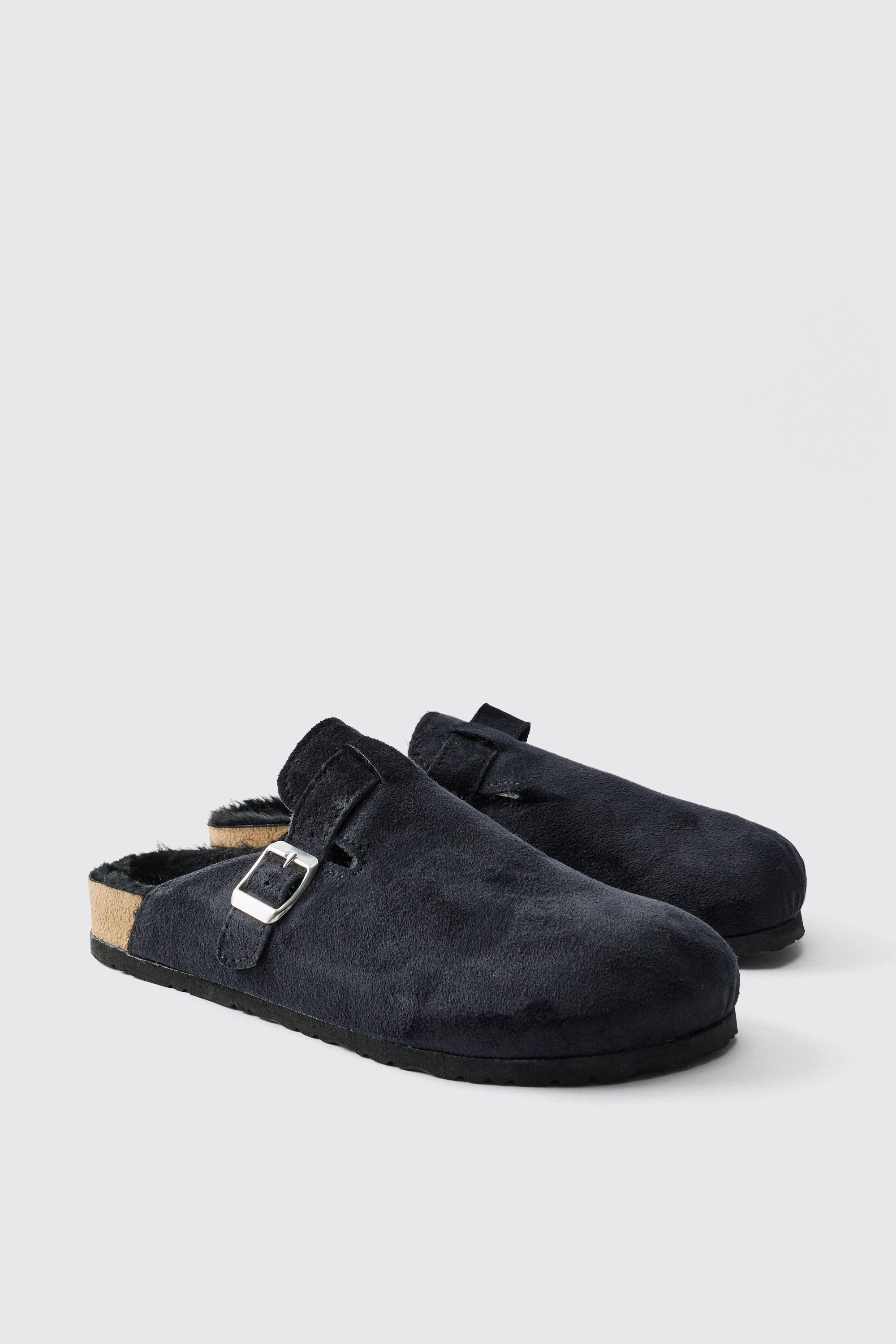 Mules in scamosciato sintetico foderato in sherpa di colore nero, Nero
