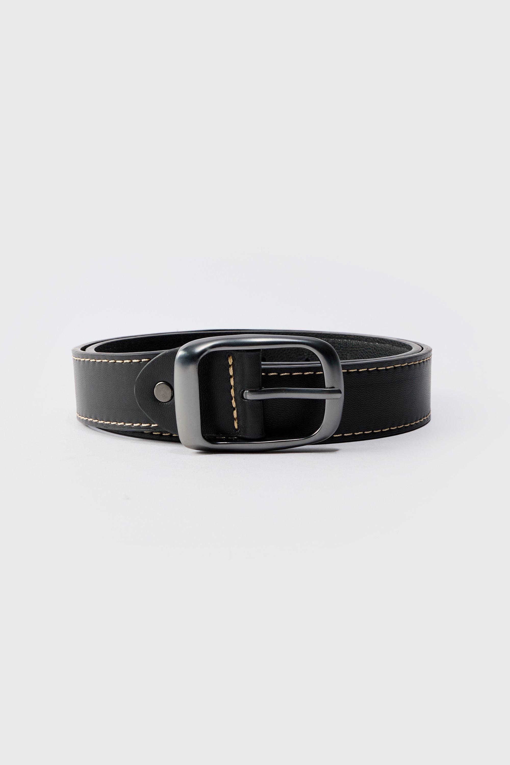 Mens Black Contrast Stitch PU Buckle Belt, Black