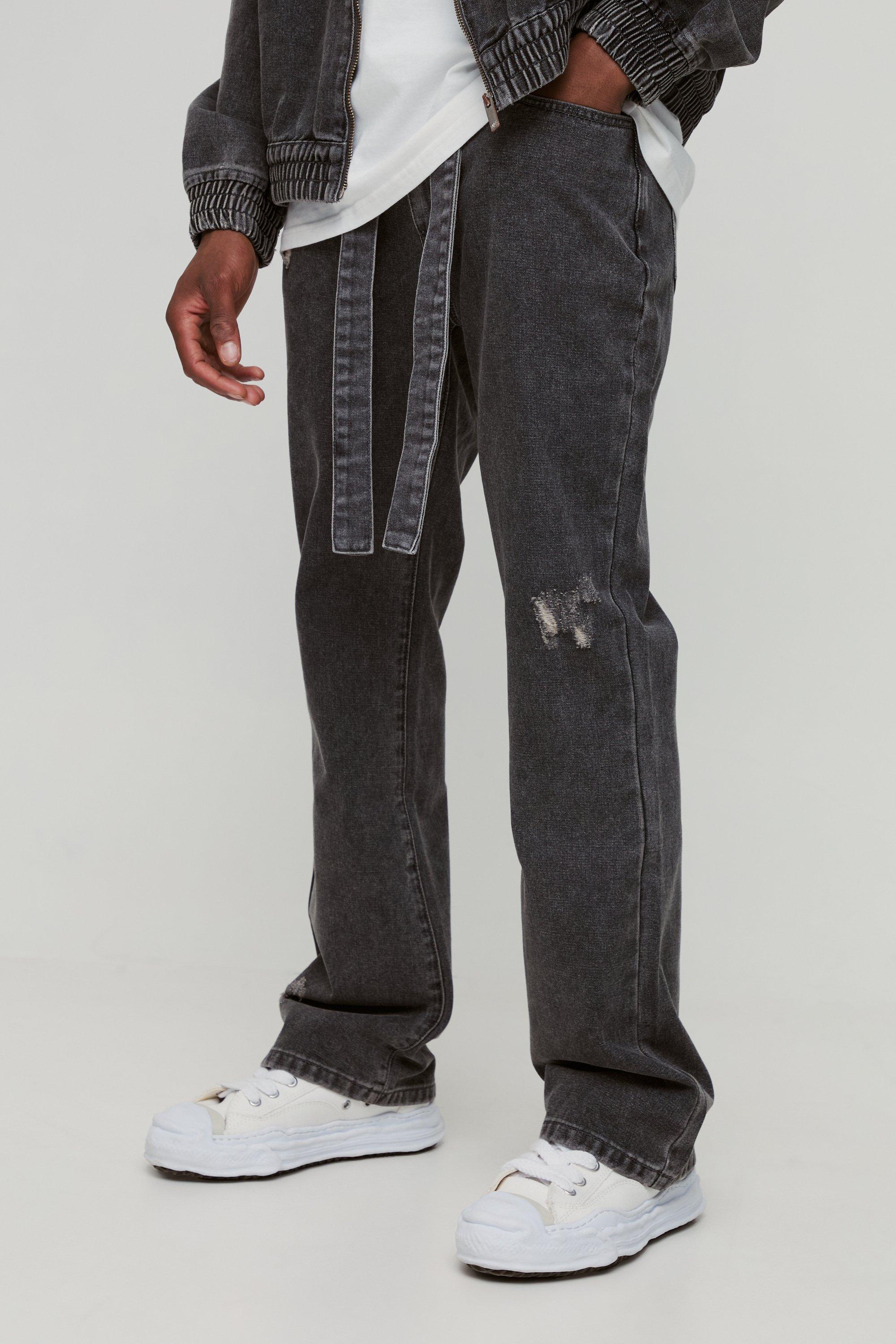 Mens Grey Slim Rigid Flared Embossed Belted Jeans, Grey