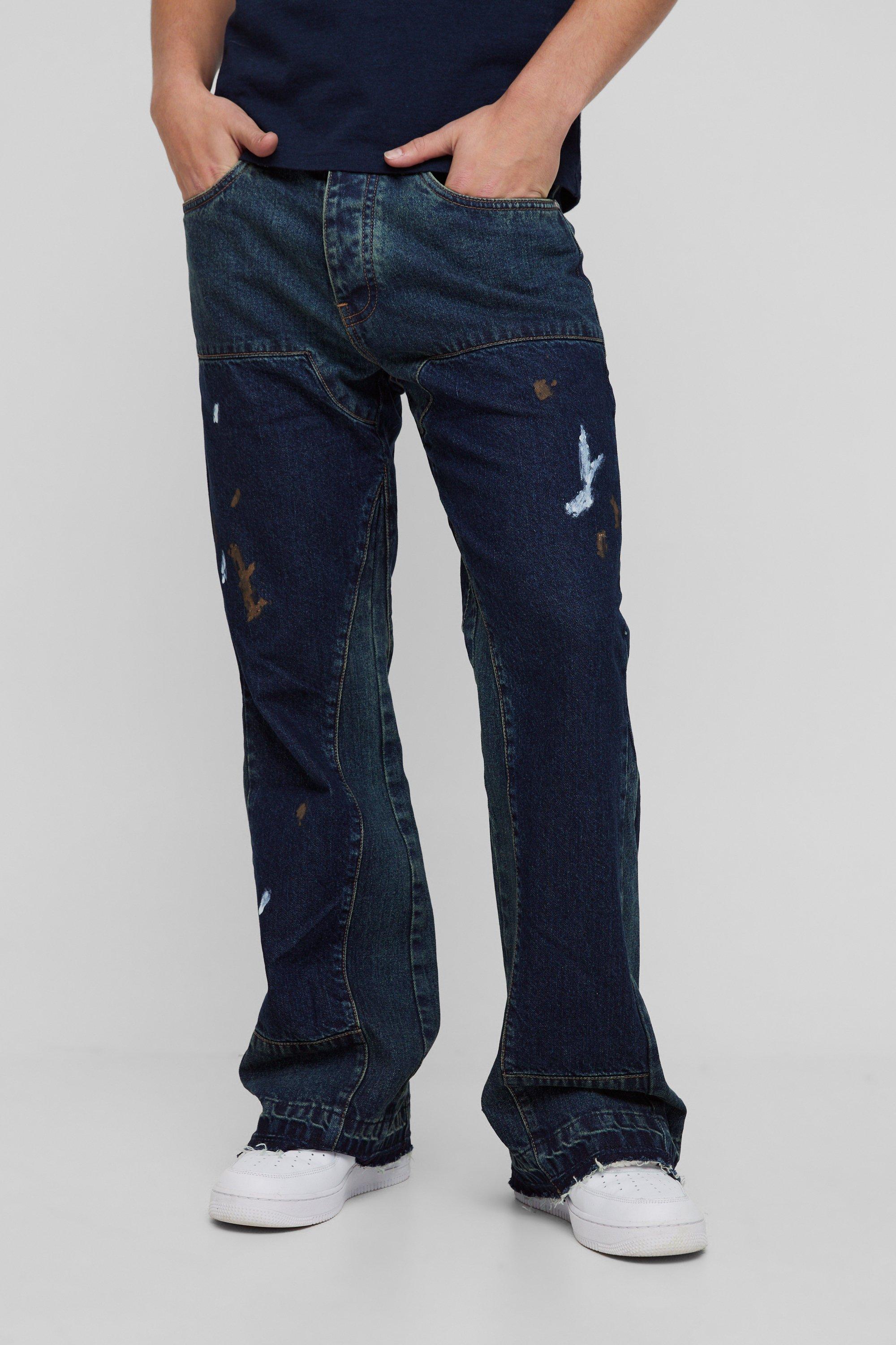 Mens Blue Relaxed Flared Carpenter Gusset Jeans, Blue