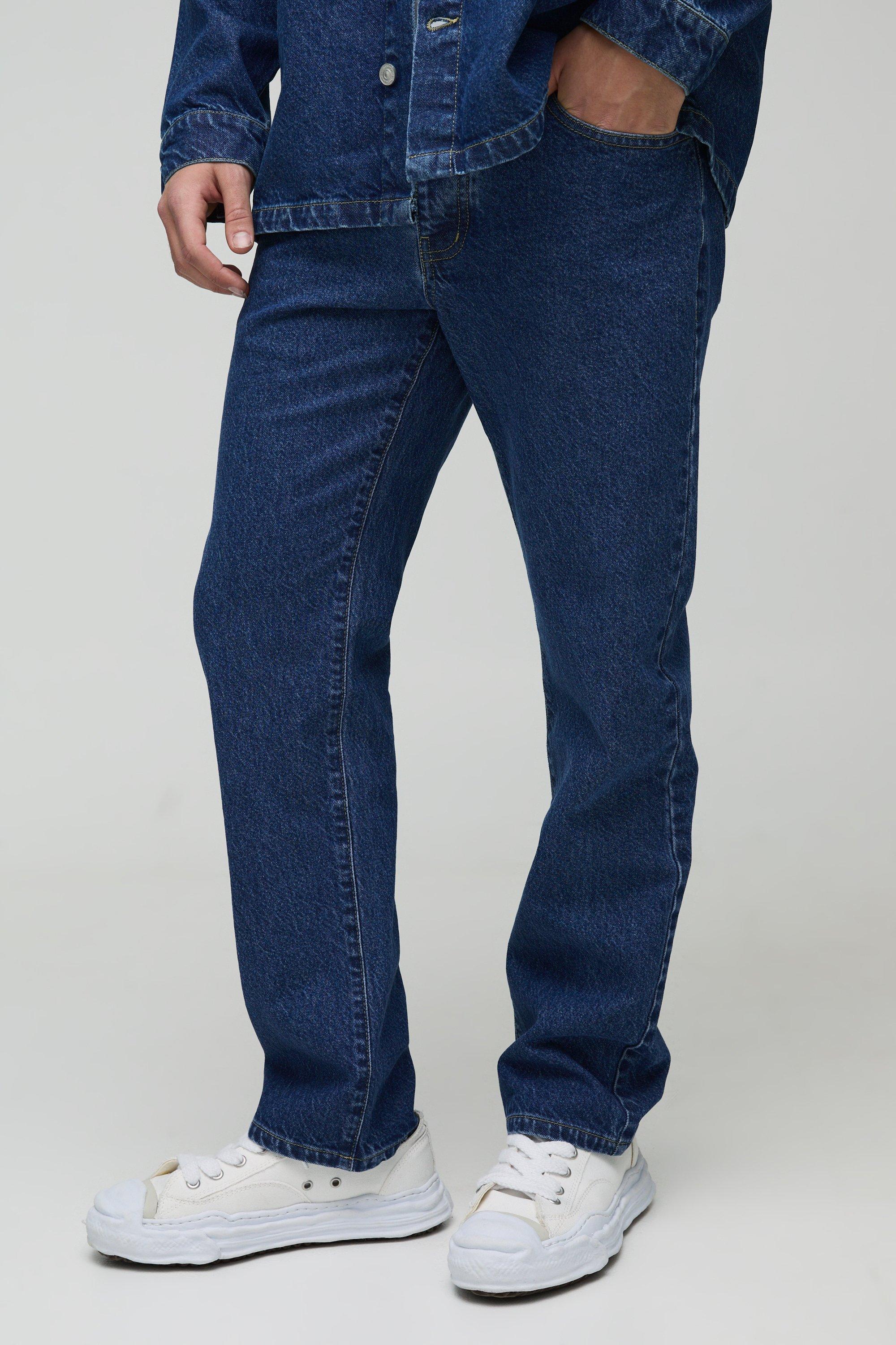 Mens Blue Straight Leg Back Pocket Embroidered Jeans, Blue