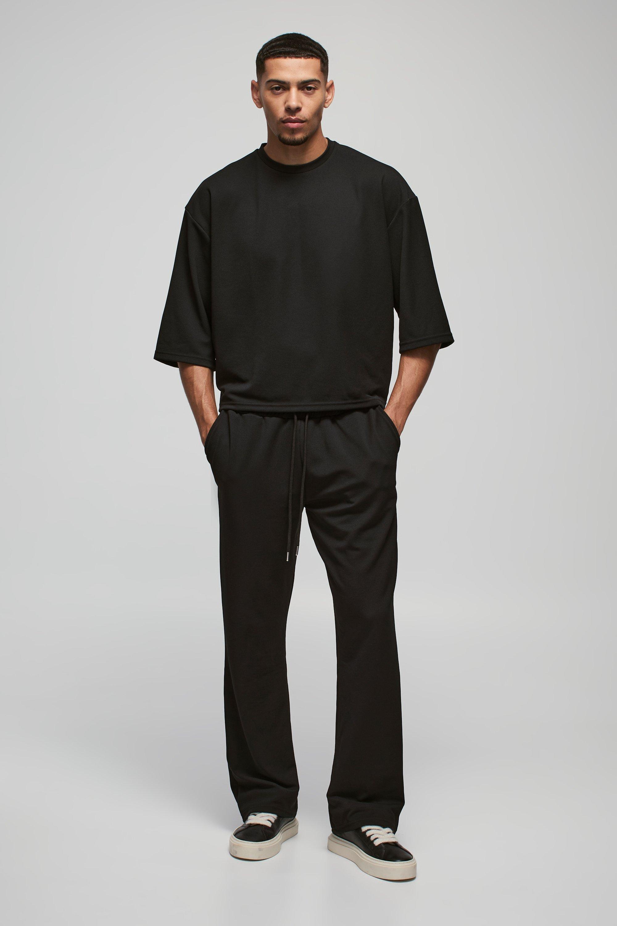 Mens Black Oversized Jersey Twill Boxy Half Sleeve T-shirt and Jogger set, Black
