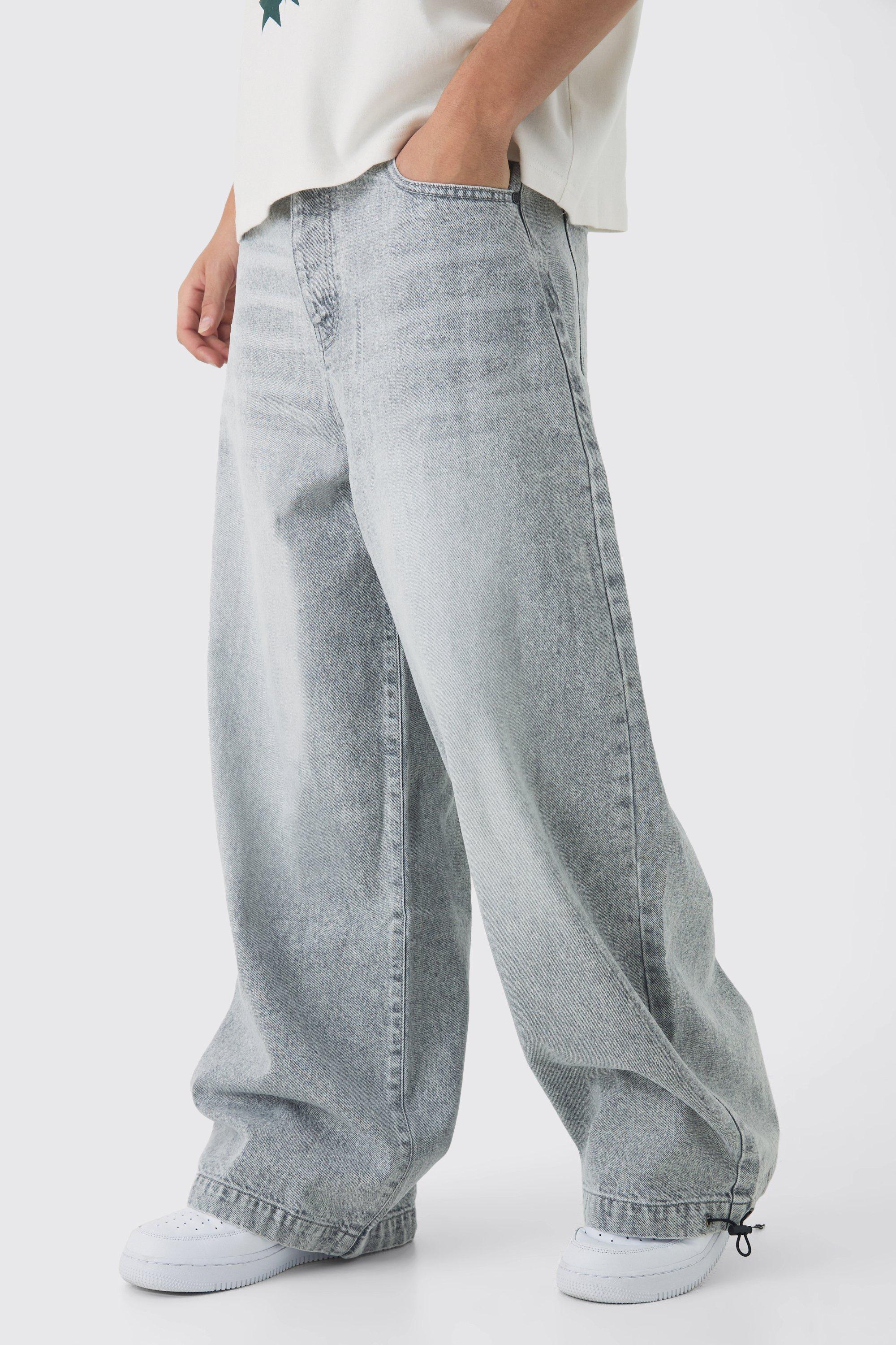 Mens Grey Parachute Baggy Washed Jeans, Grey
