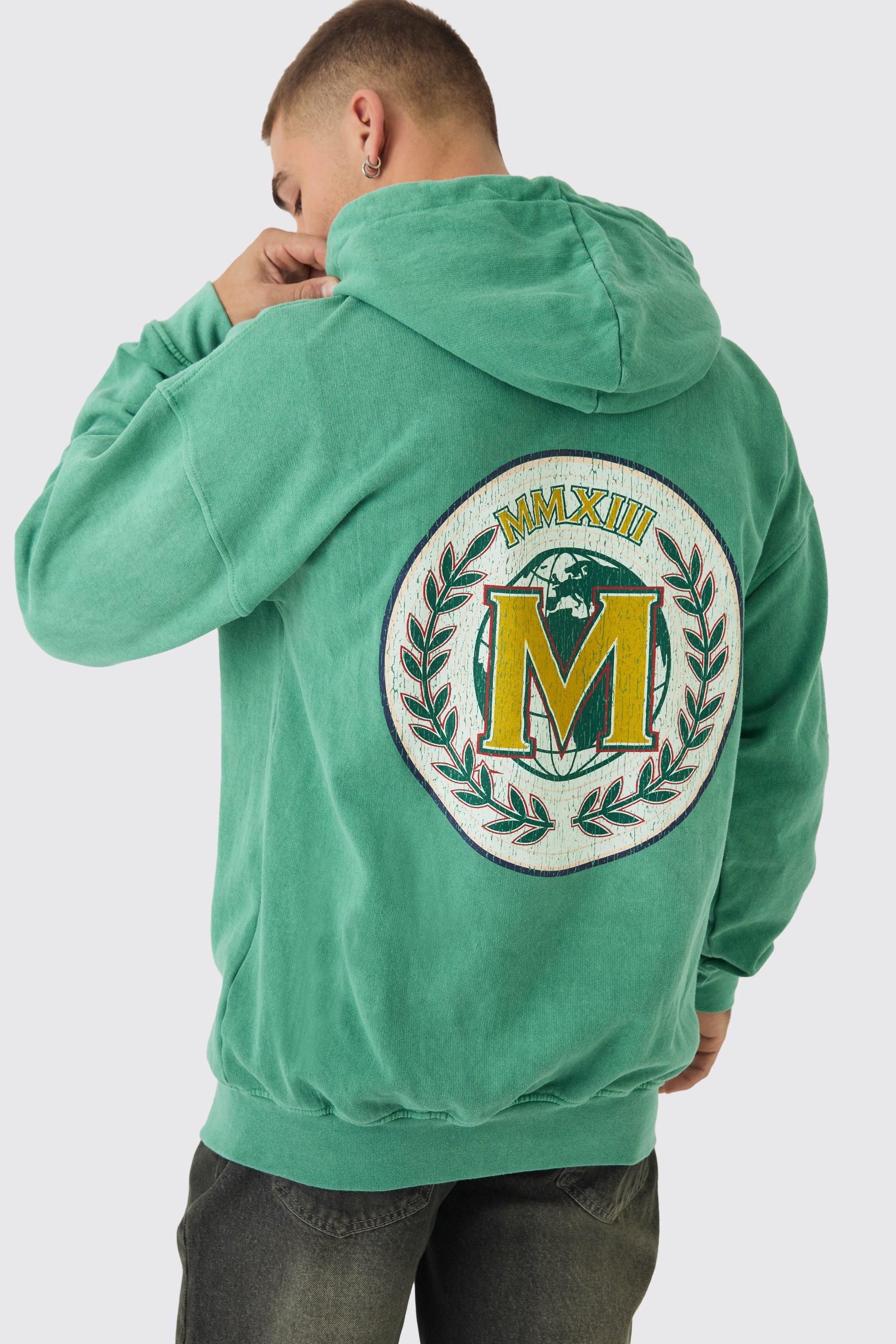 Felpa oversize slavata con stampa di emblema, zip e cappuccio, Verde