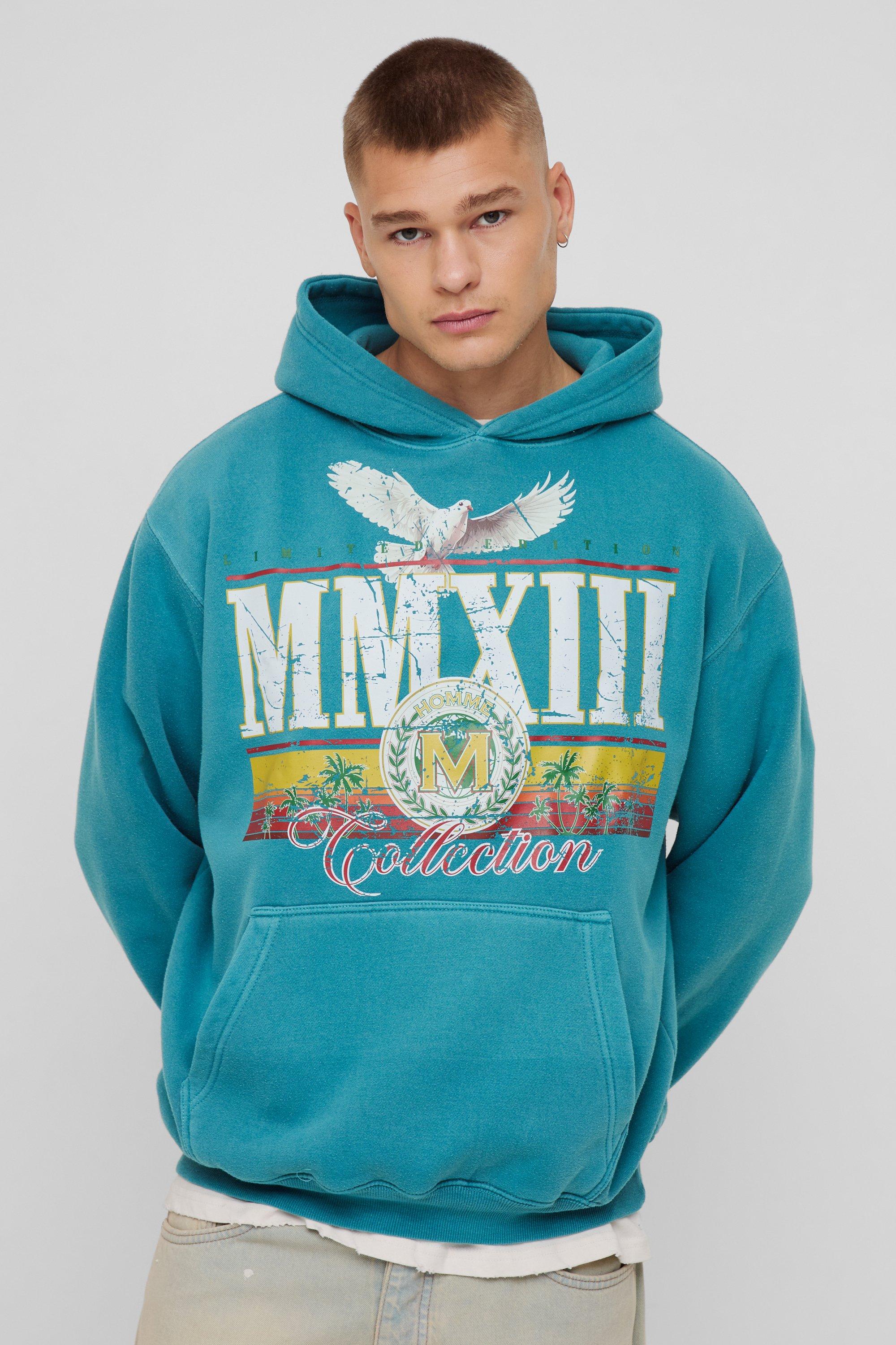 Mens Green Oversized Washed MMXII Print Hoodie, Green