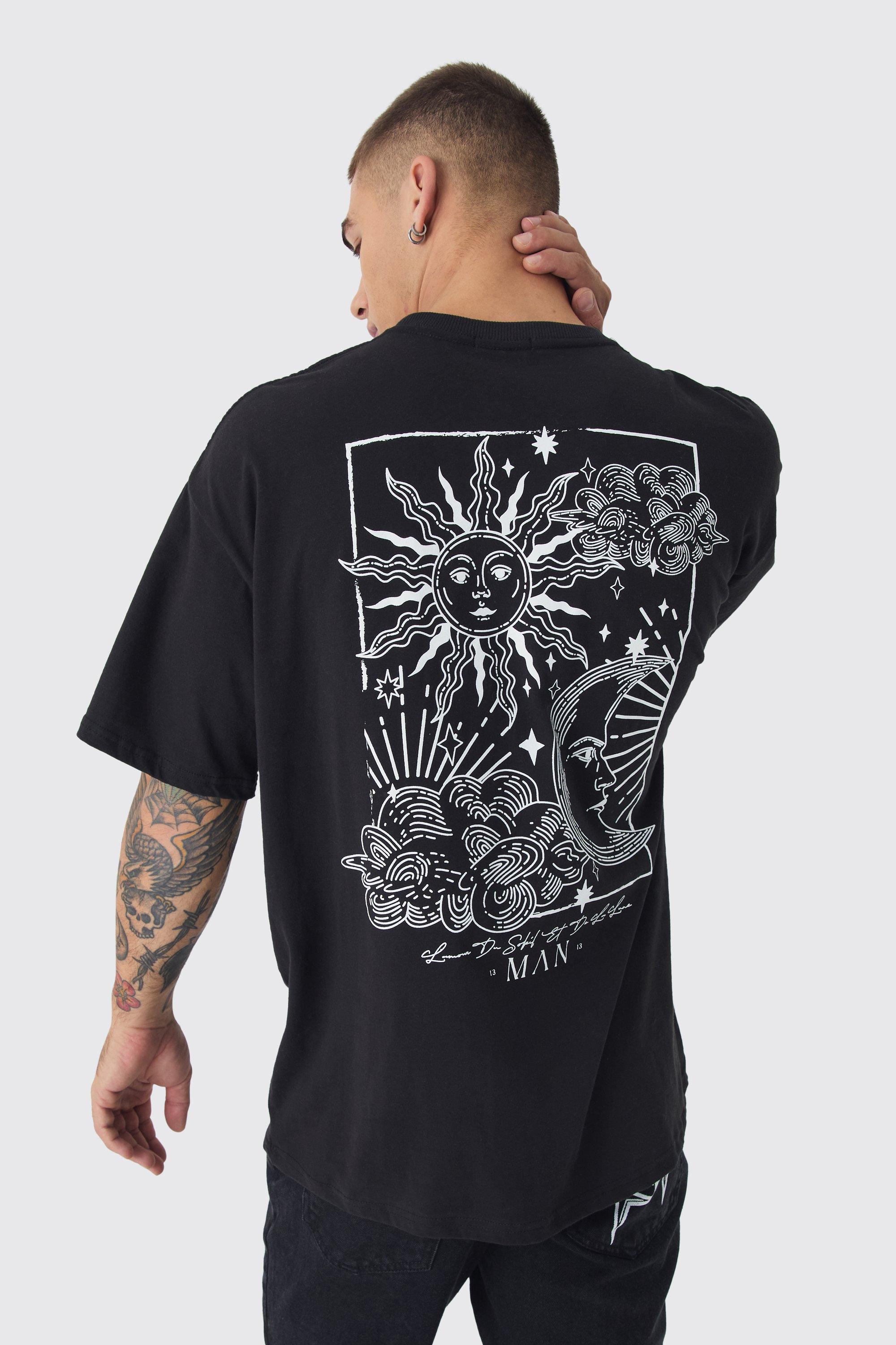 Mens Black Oversized Line Drawing Print T-Shirt, Black