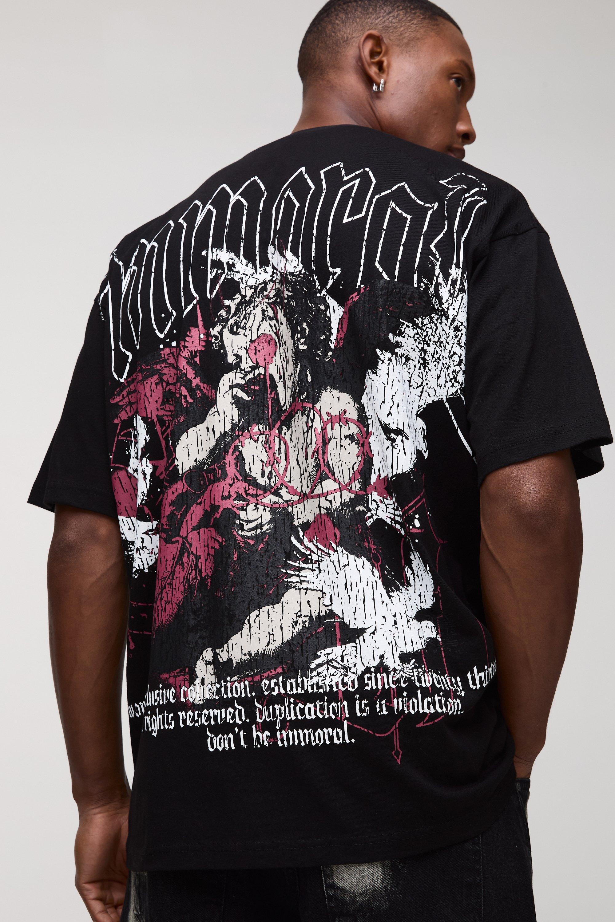 T-shirt squadrata oversize pesante con ricamo rinascimentale, Nero