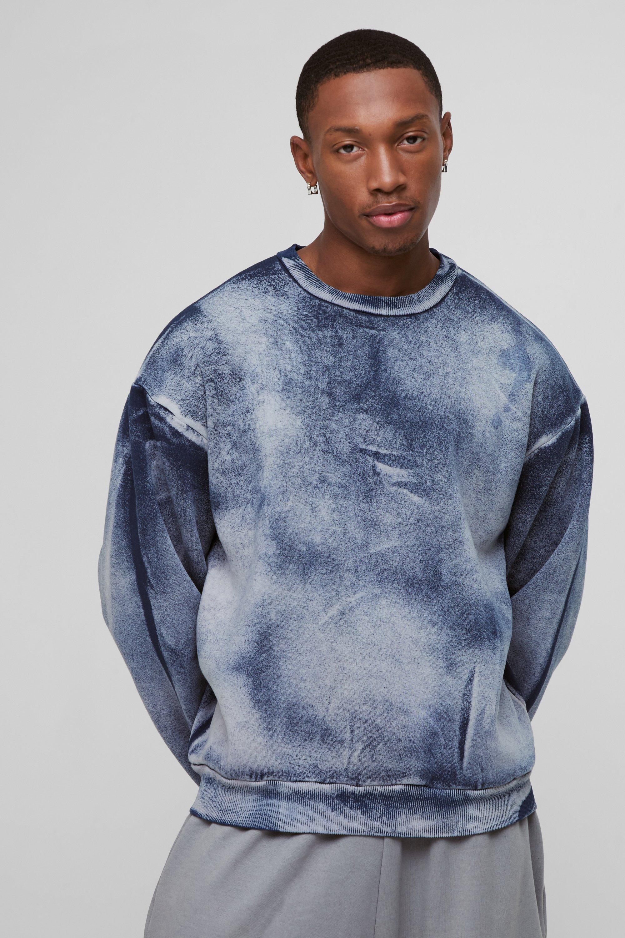 Mens Blue Oversized Boxy Heavy Bleach Wash Sweatshirt, Blue