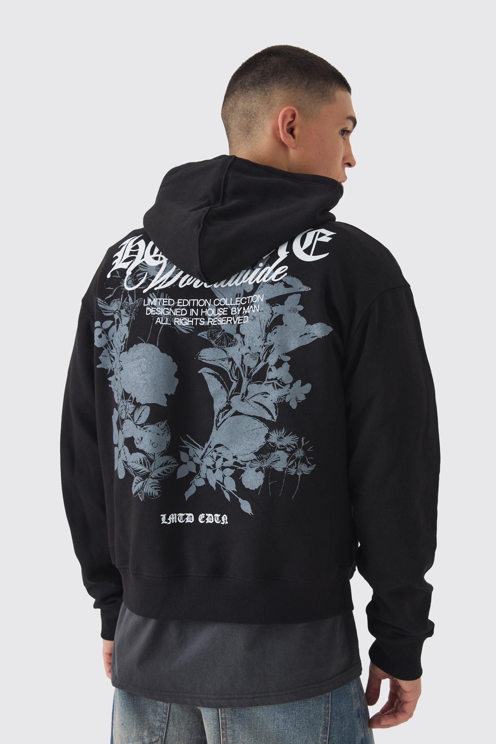 Mens Black Boxy Homme Tonal Print Hoodie, Black