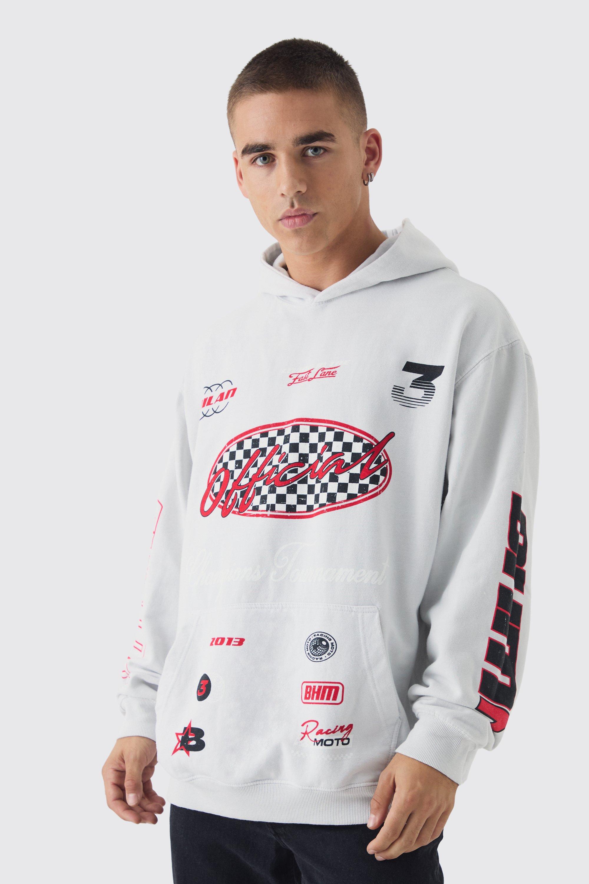Felpa oversize con stampa di moto e cappuccio, Grigio