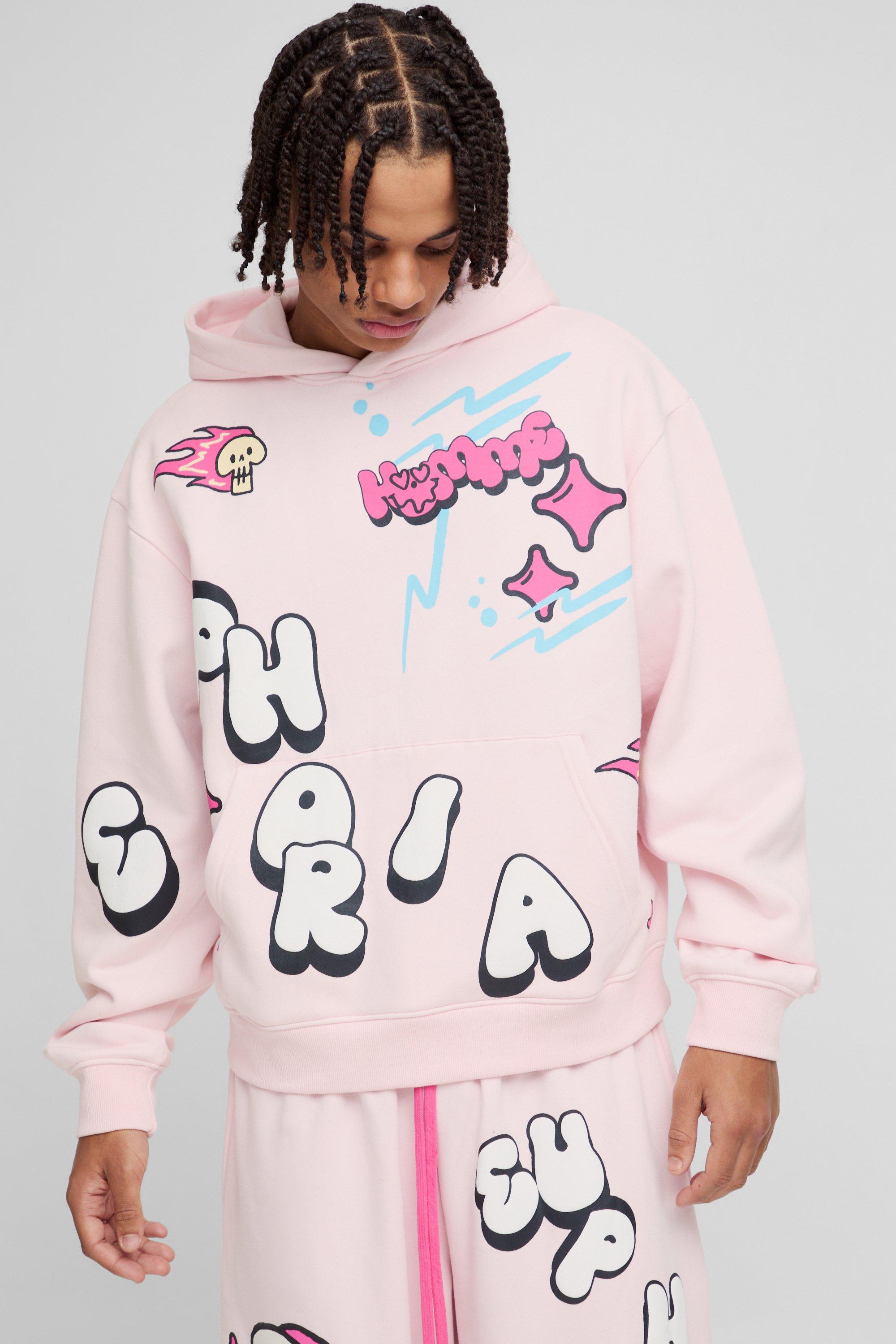 Oversized Boxy Doodle Graphic Puff Print Hoodie, Pink