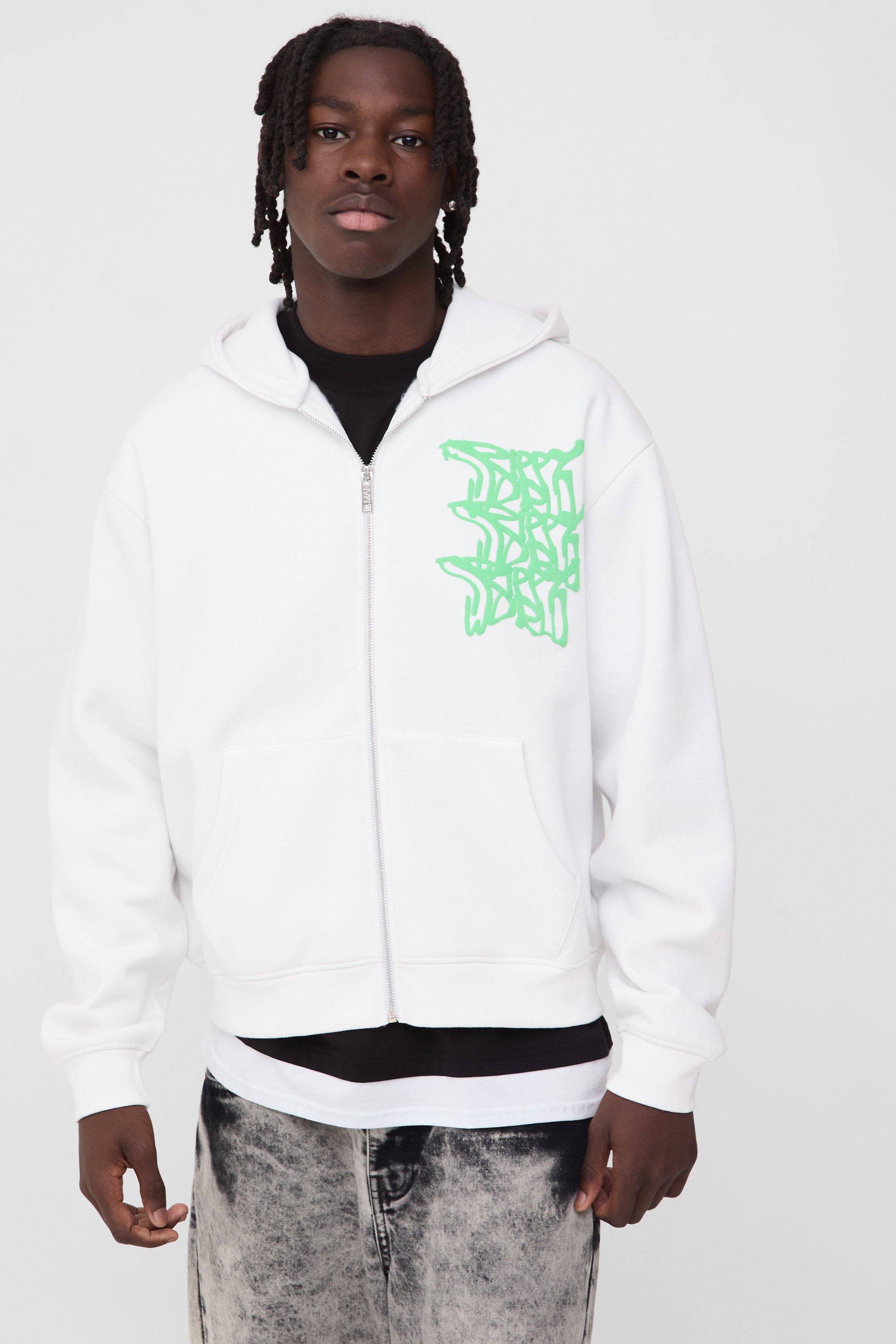 Oversized Boxy Doodle Zip Through Graphic Puff Print Hoodie, Bianco