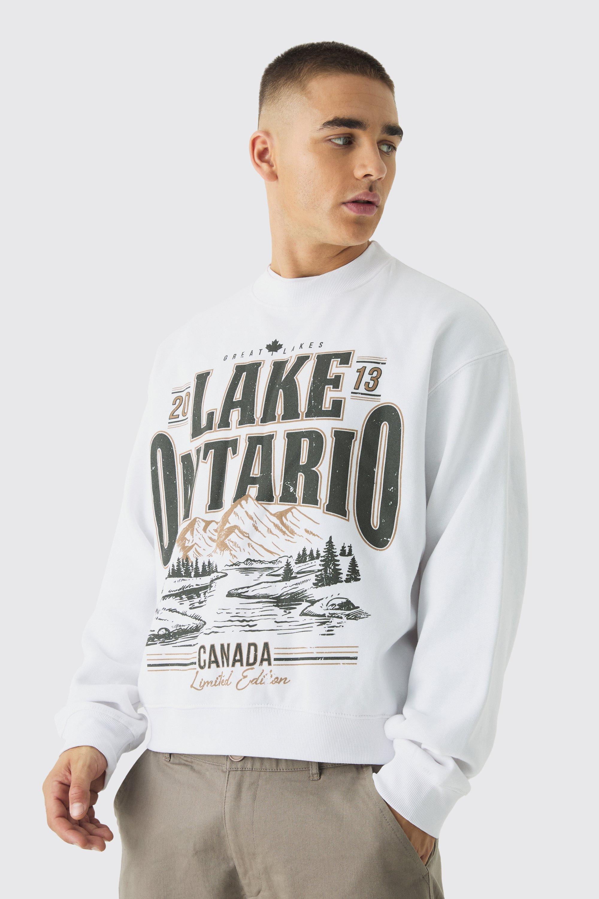 Mens White Boxy Lake Ontario Print Sweatshirt, White