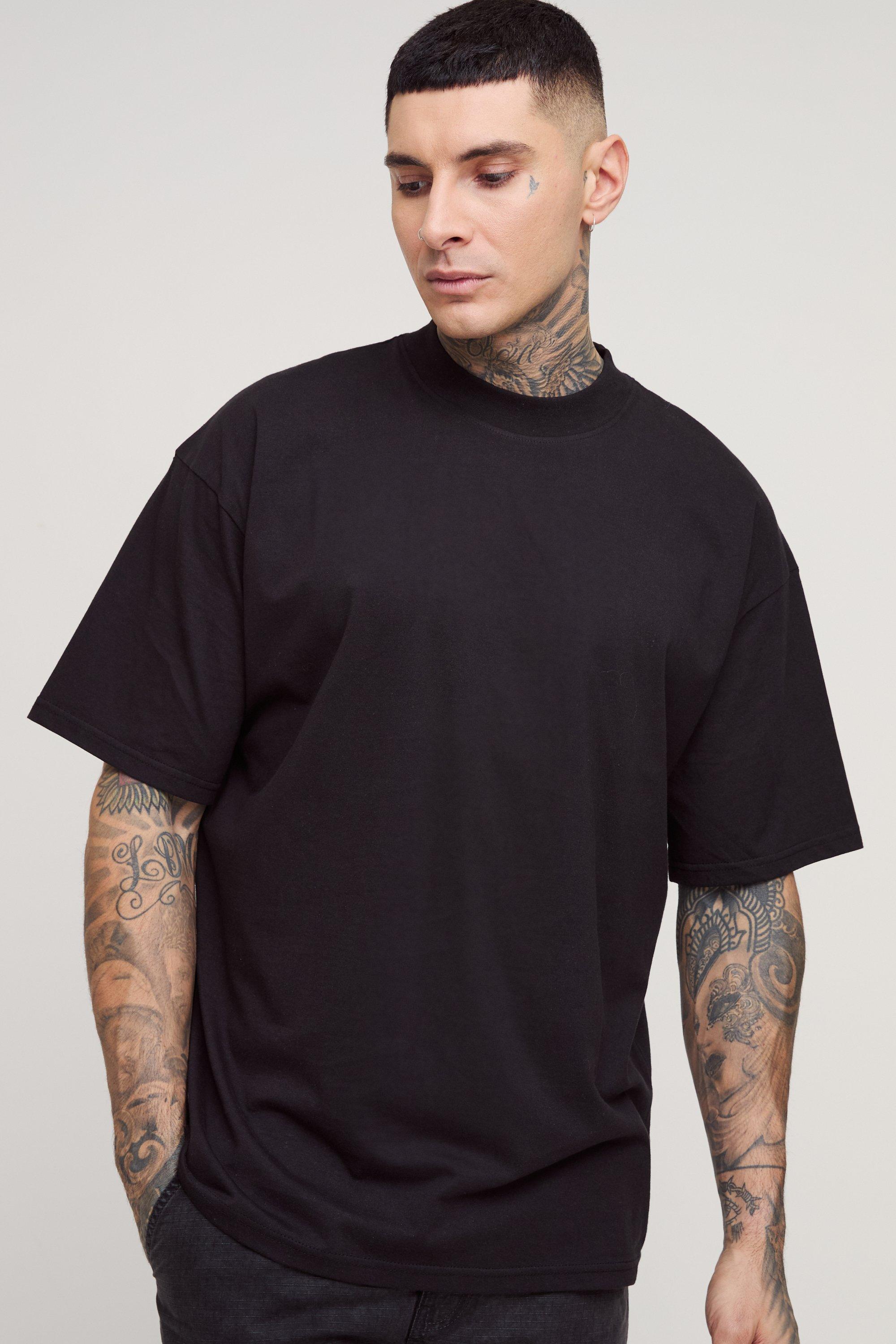 Mens Black Tall Oversized Extended Neck Basic T-Shirt, Black