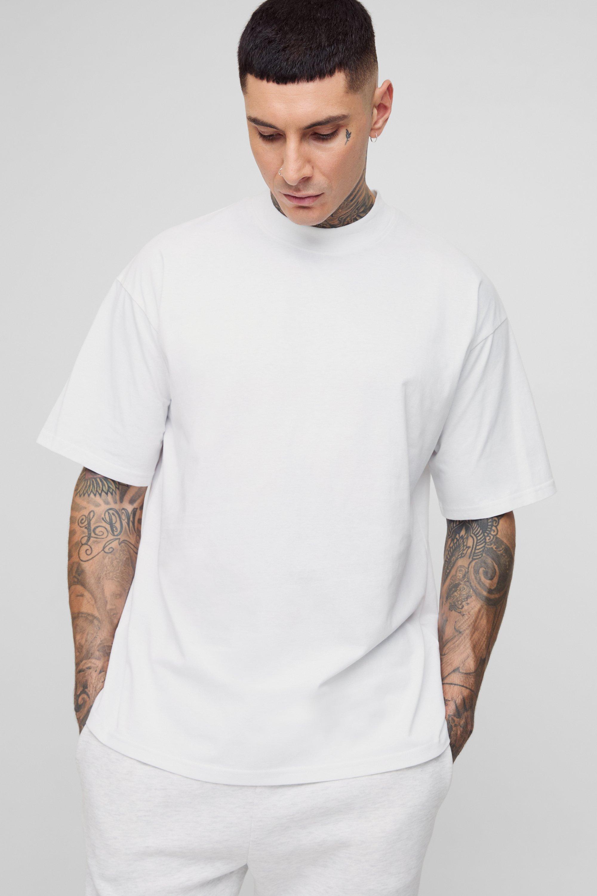 Mens White Tall Oversized Extended Neck Basic T-Shirt, White