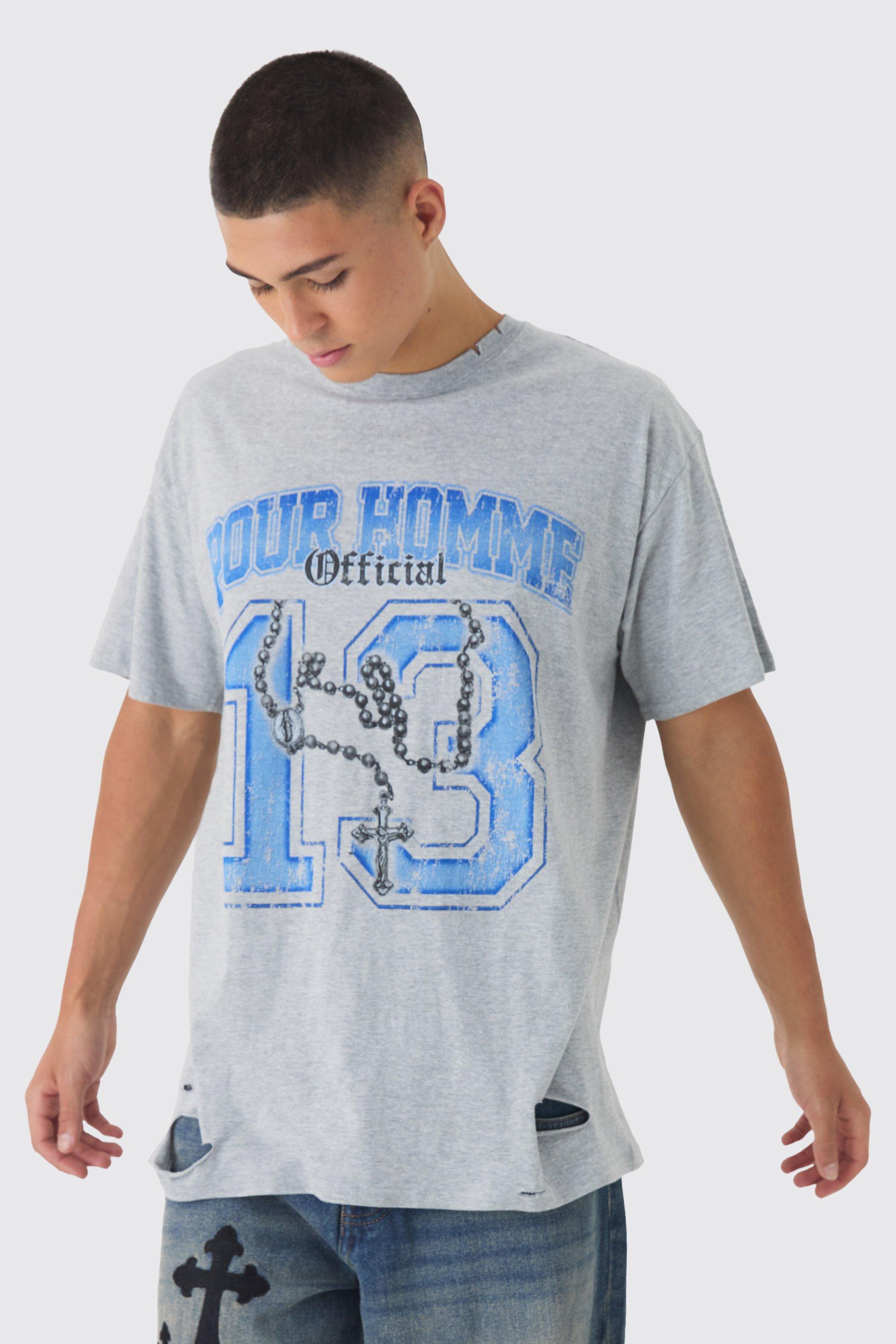 T-shirt oversize con stampa stile Varsity e smagliature, Grigio