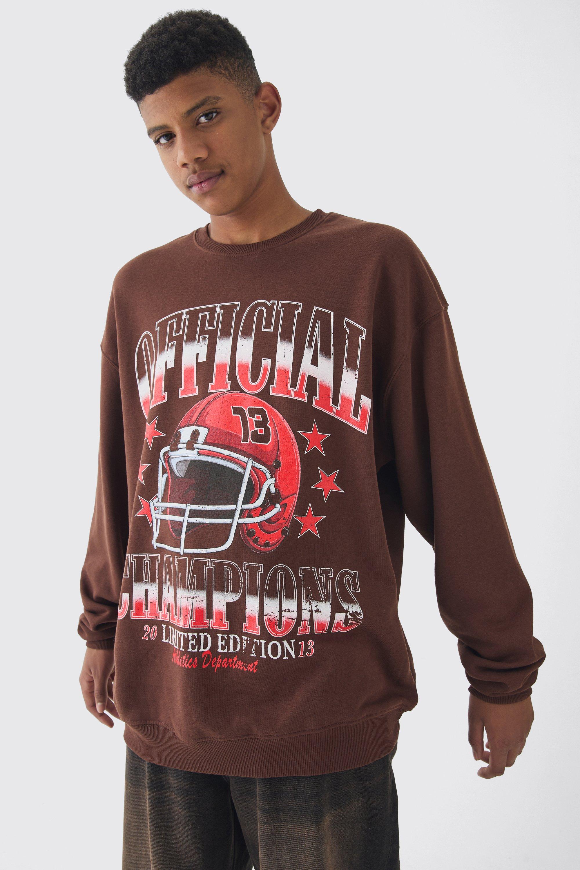 Mens Brown Tall Official Champions Print Washed Oversized Sweatshirt in Chocolate, Brown