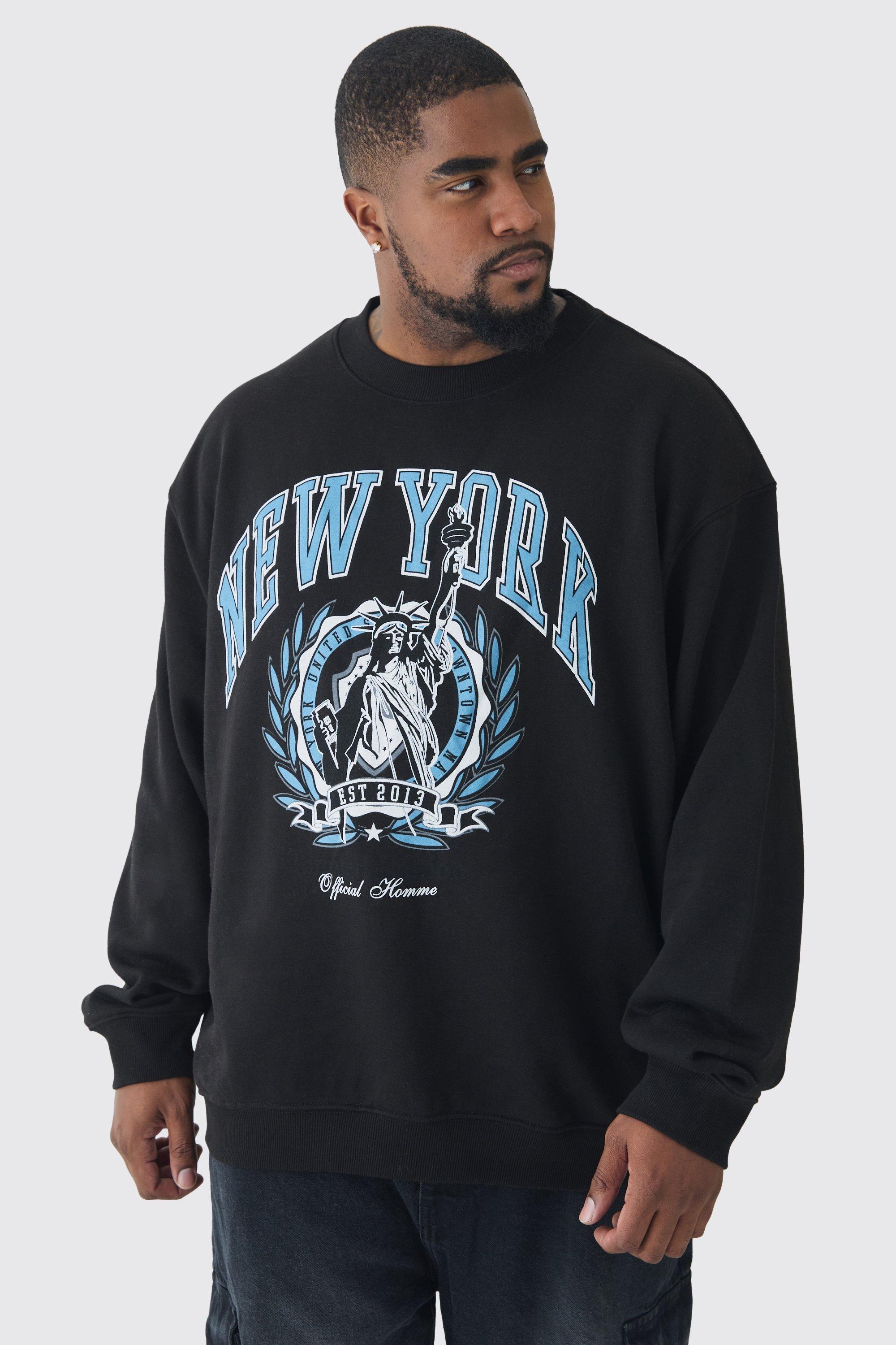 Mens Plus New York Print Oversized Extended Neck Sweatshirt in Black, Black