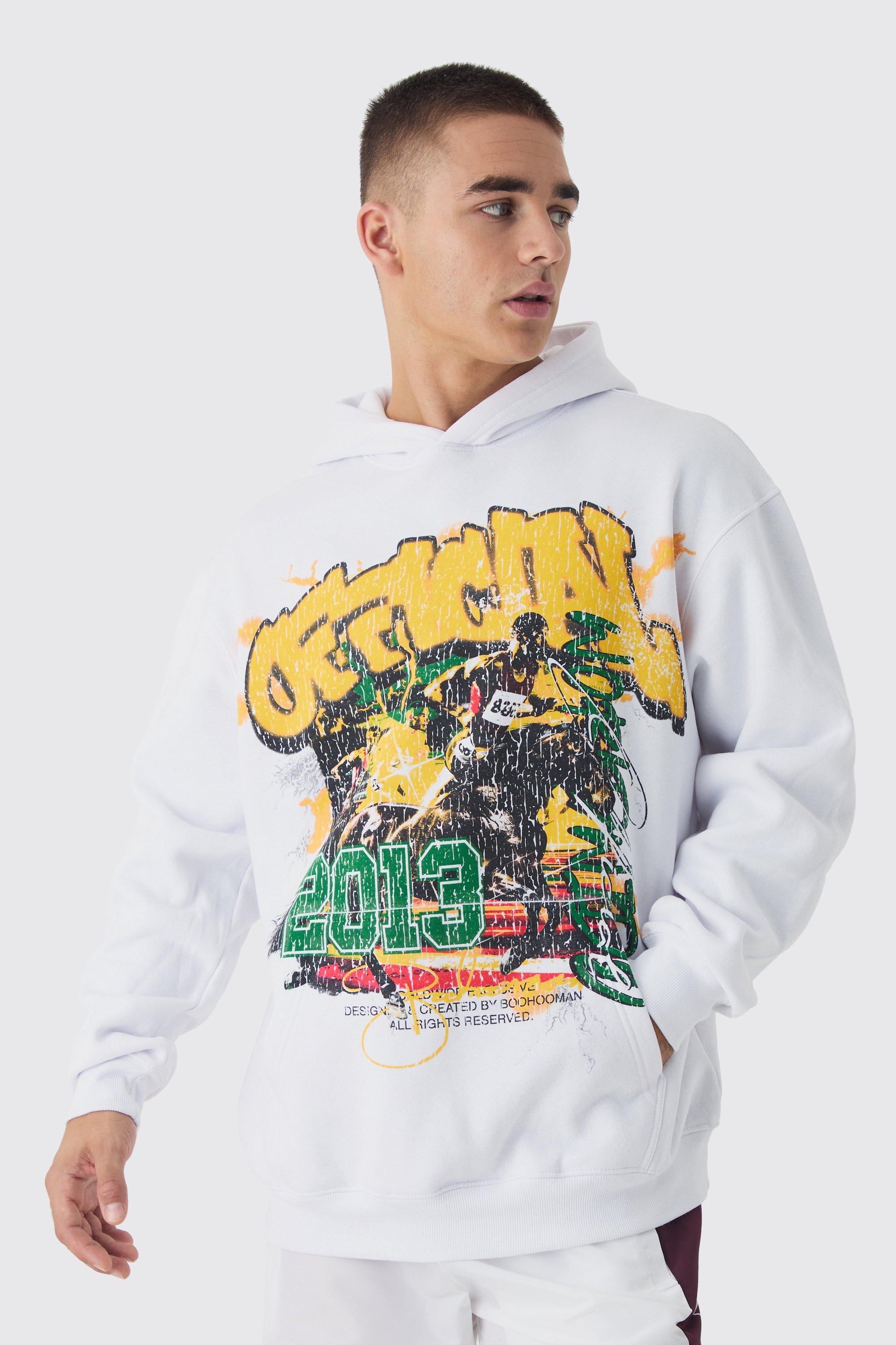 Mens White Regular Fit Large Scale Official 2013 Sports Graphic Hoodie, White