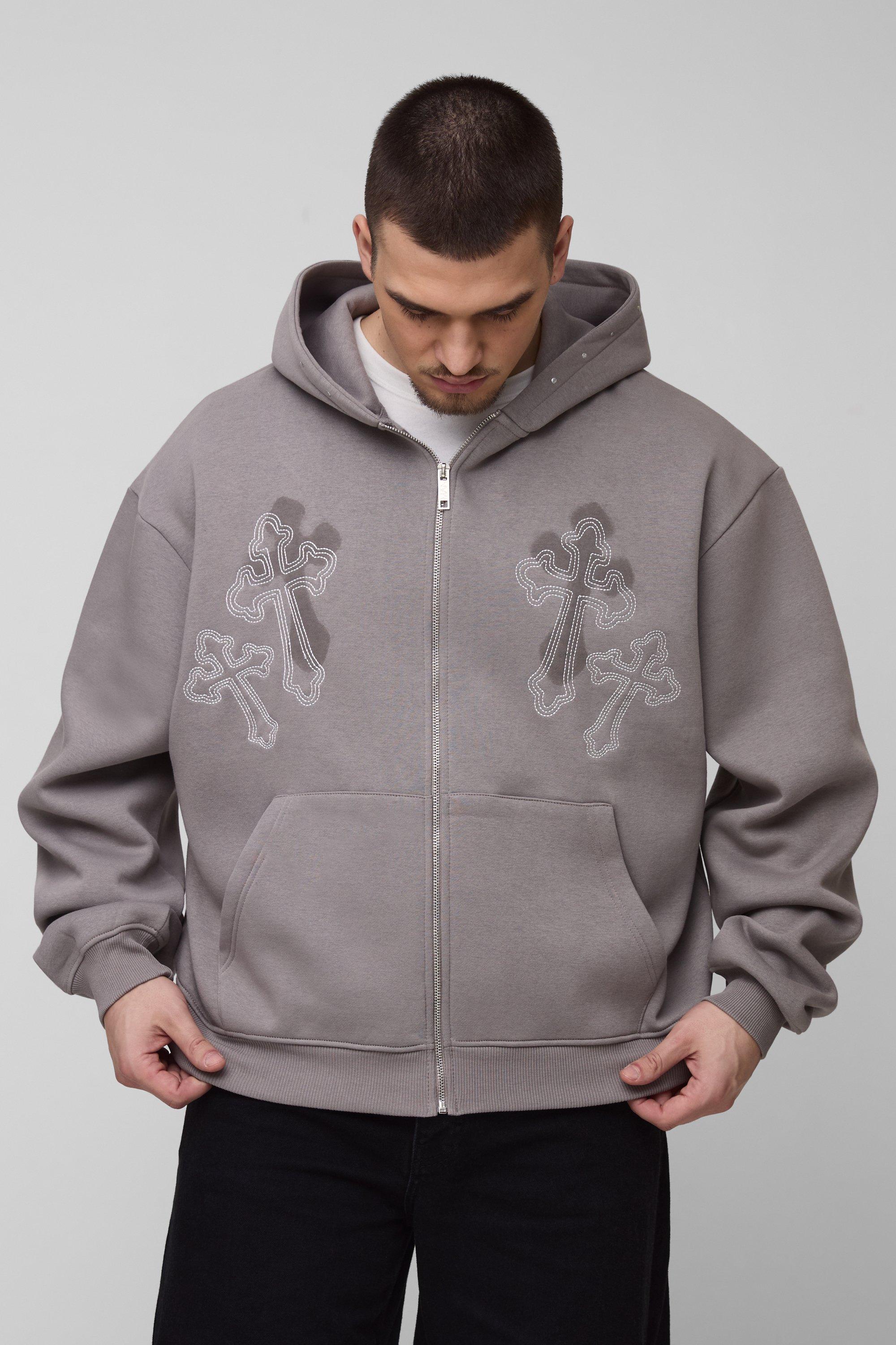 Mens Grey Tall Oversized Boxy Cross Embroidered Zip Through Hoodie, Grey