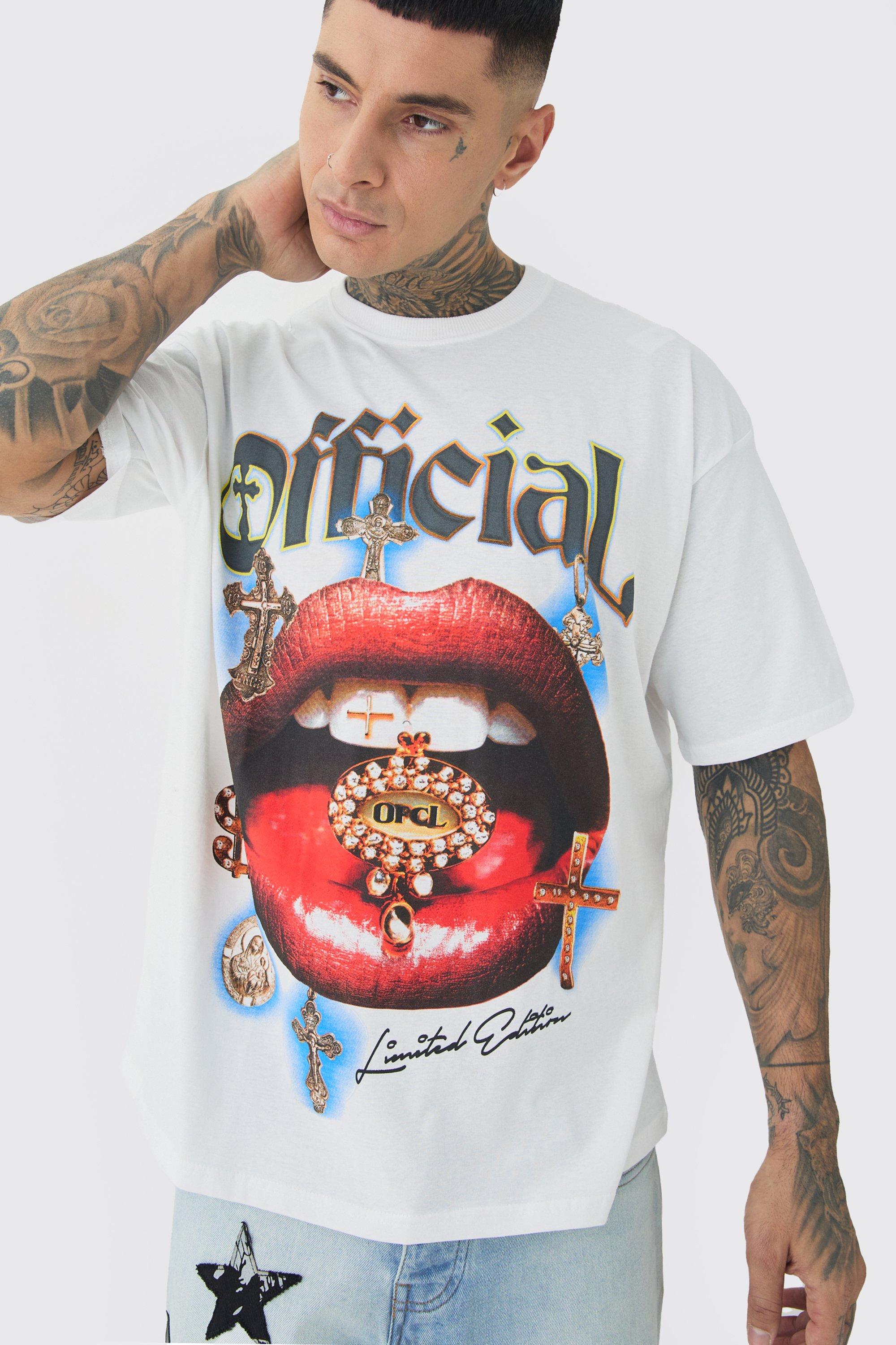 T-shirt Tall oversize bianca con stampa Official Lips, Bianco