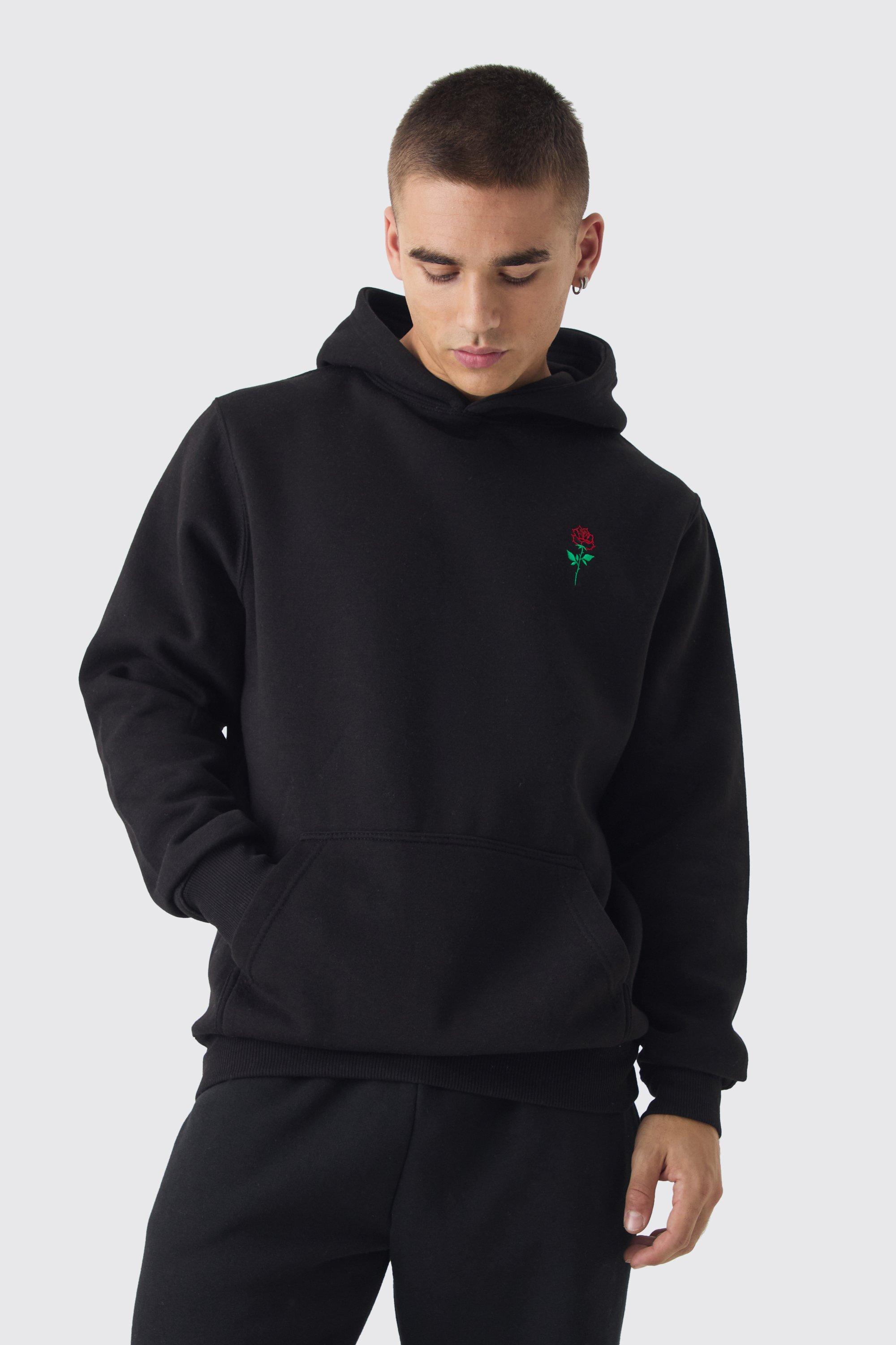 Mens Black Rose Embroidered Hoodie, Black