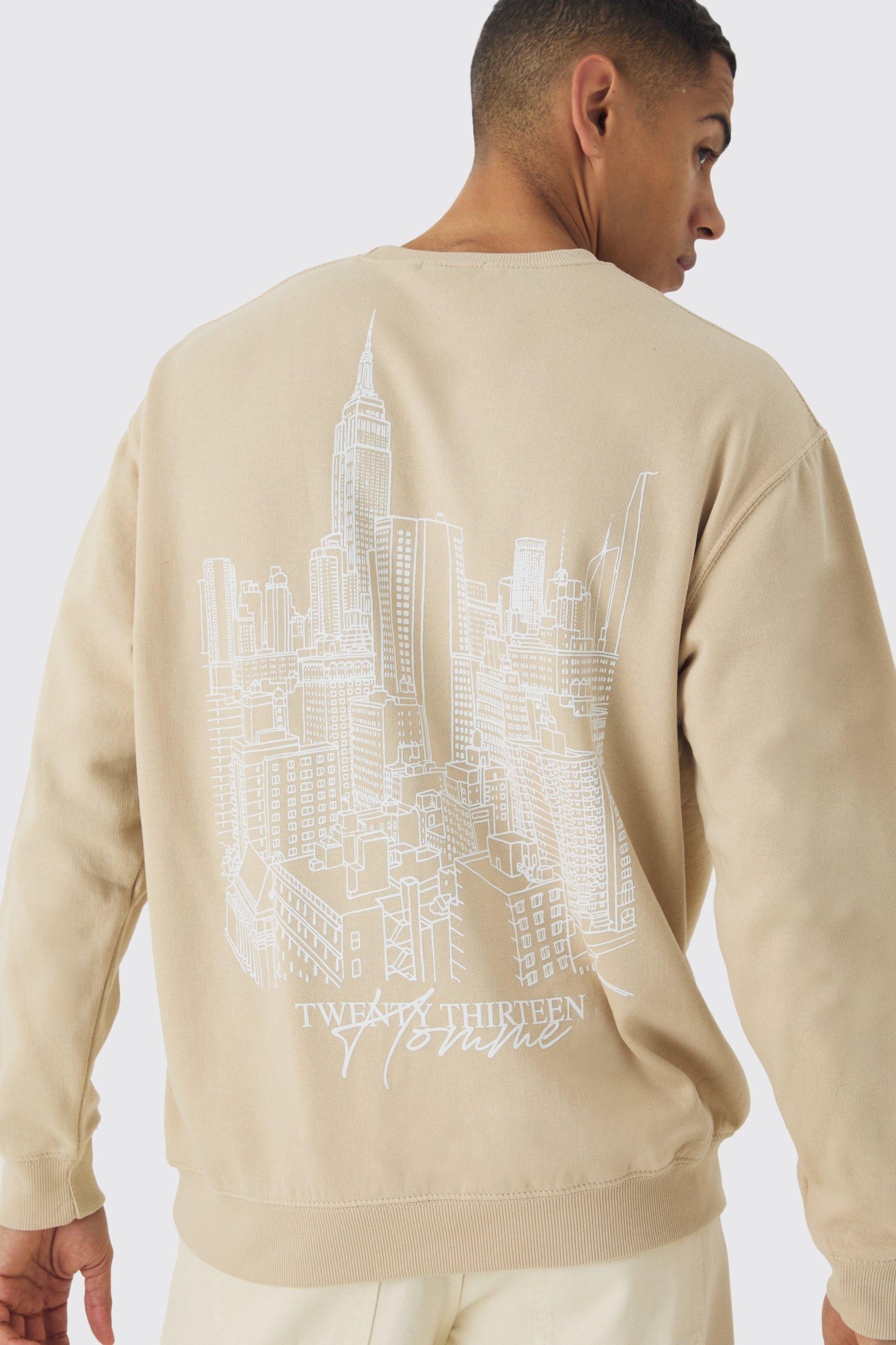 Mens Beige Oversized Line Drawn City Landscape Graphic Sweatshirt, Beige