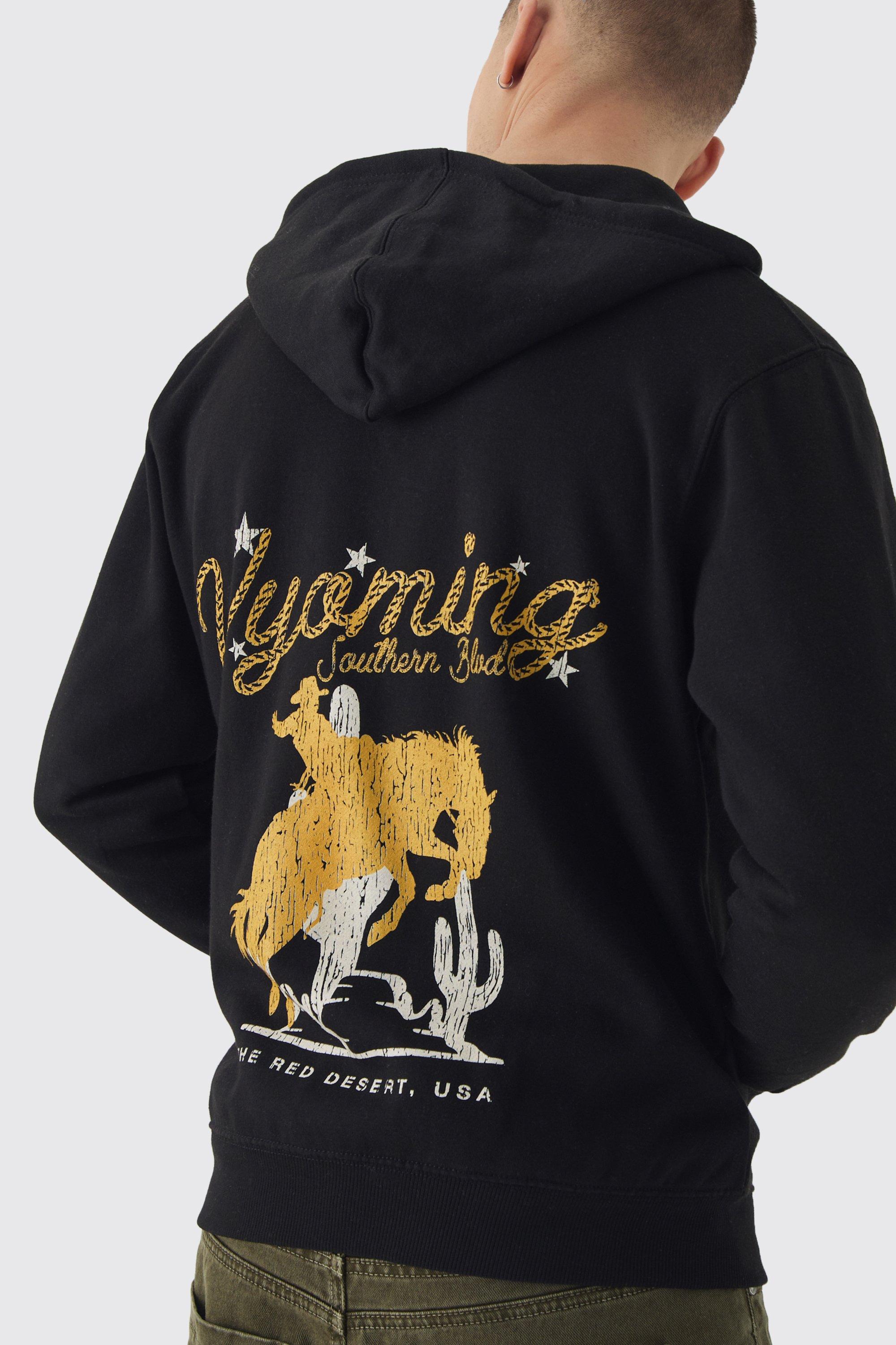 Felpa con grafica Wyoming Western, zip e cappuccio con cuciture sovrapposte, Nero