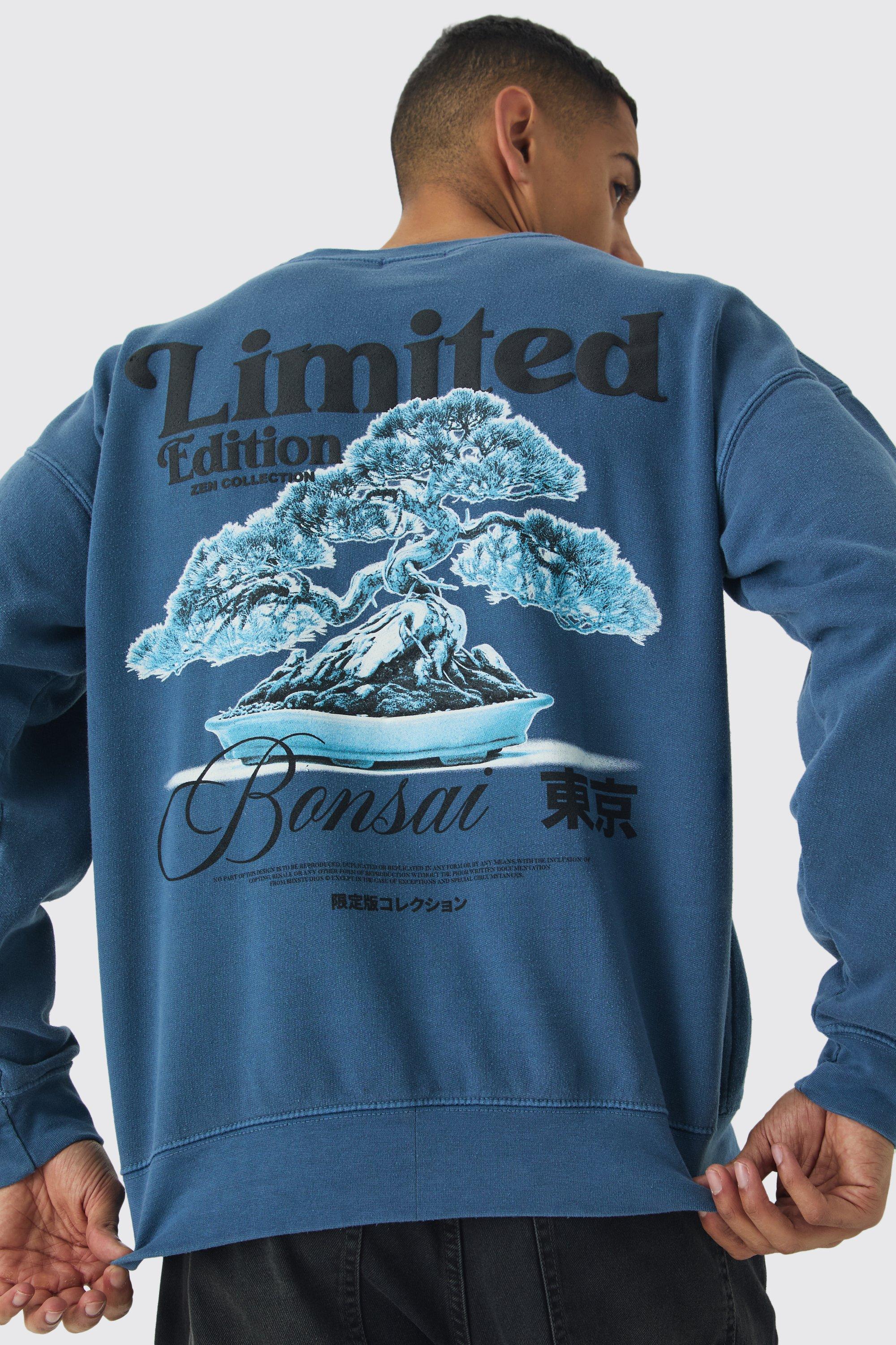 Mens Blue Regular Fit Limited Edition Bonsai Puff Print Washed Sweatshirt, Blue