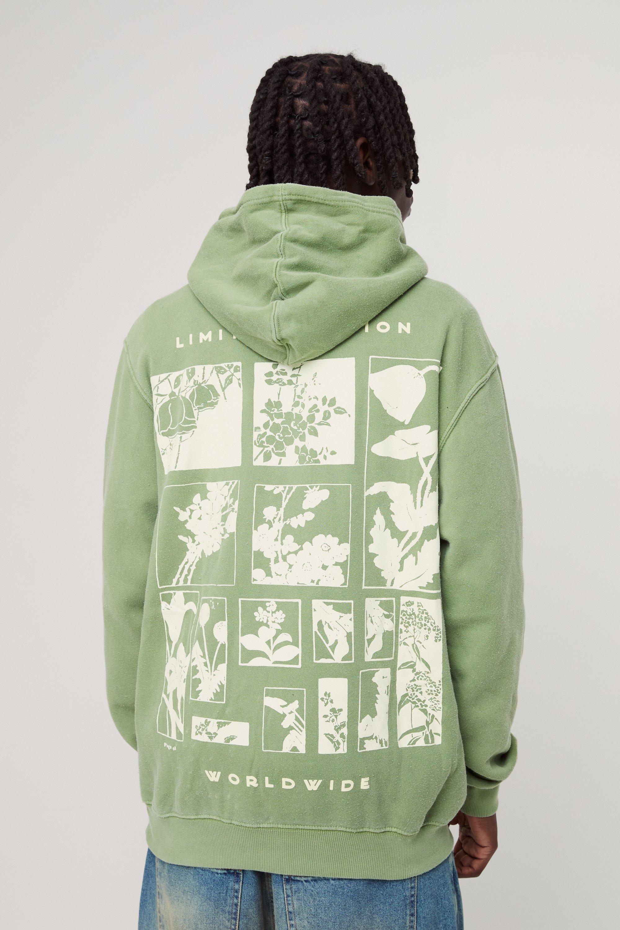 Mens Green Regular Fit Limited Edition Botanical 3D Print Washed Hoodie, Green