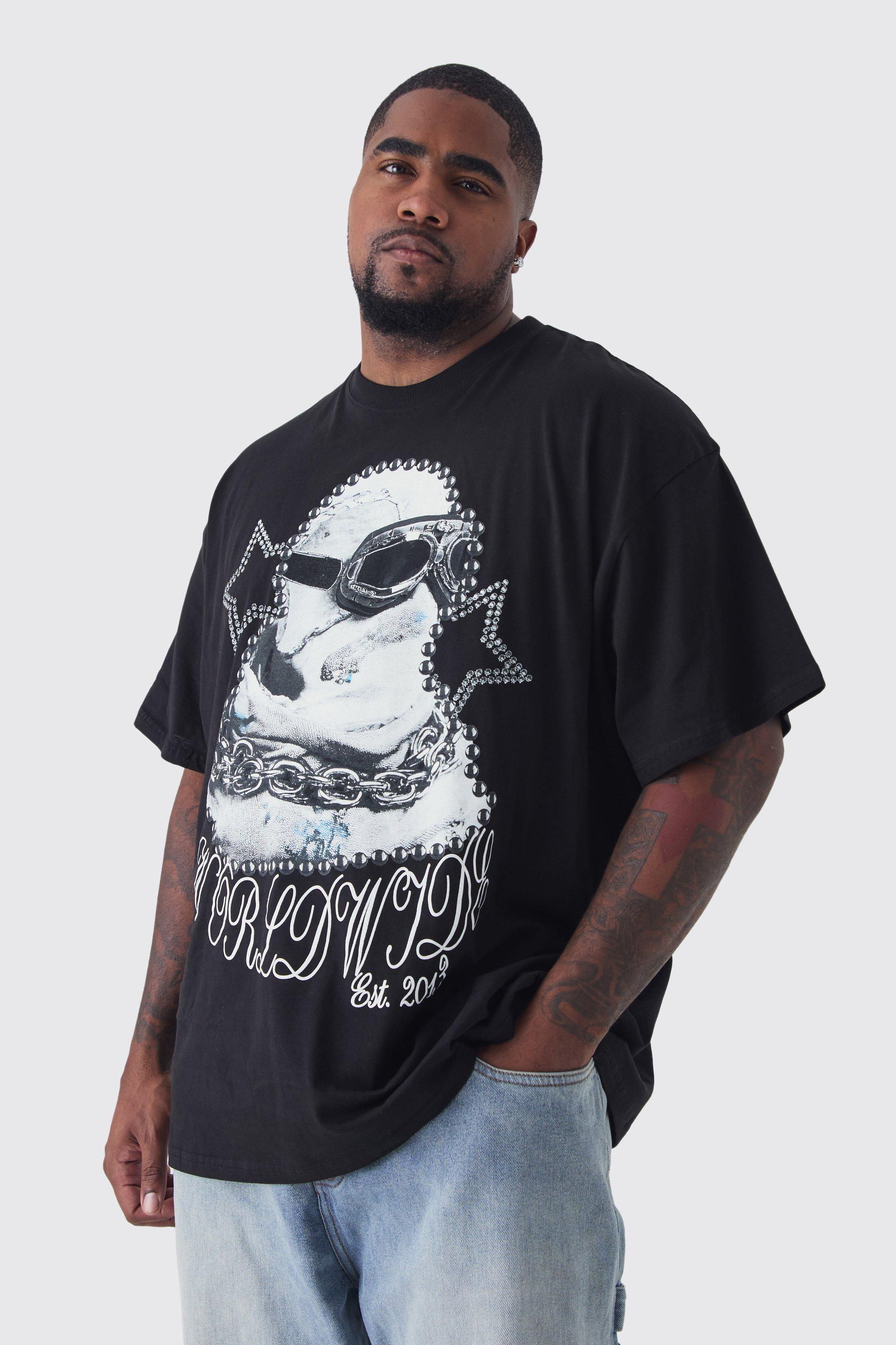 Mens Plus Worldwide Balaclava Print Oversized T-shirt in Black, Black