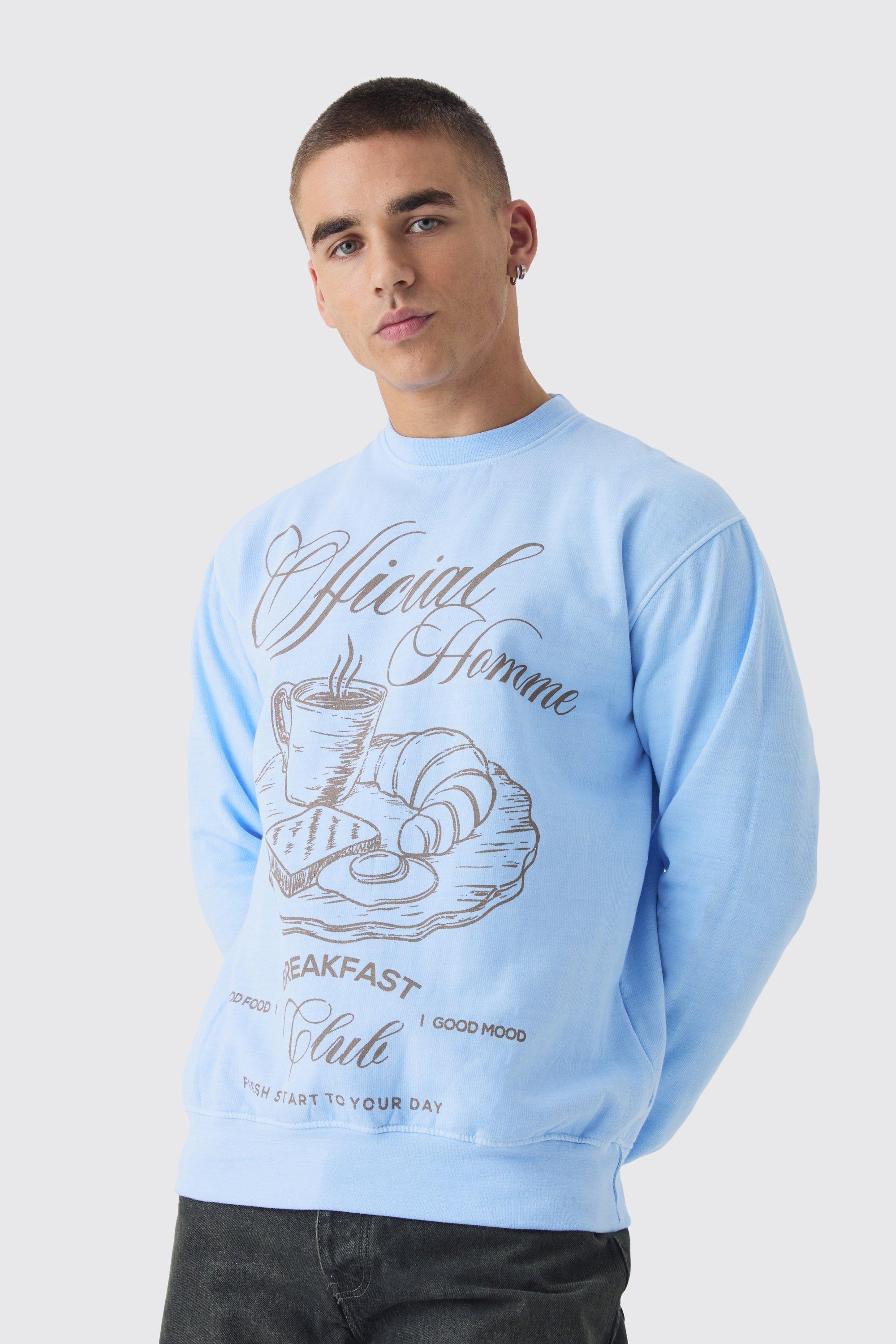 Mens Blue Regular Fit Breakfast Club Line Drawn Graphic Washed Sweatshirt, Blue