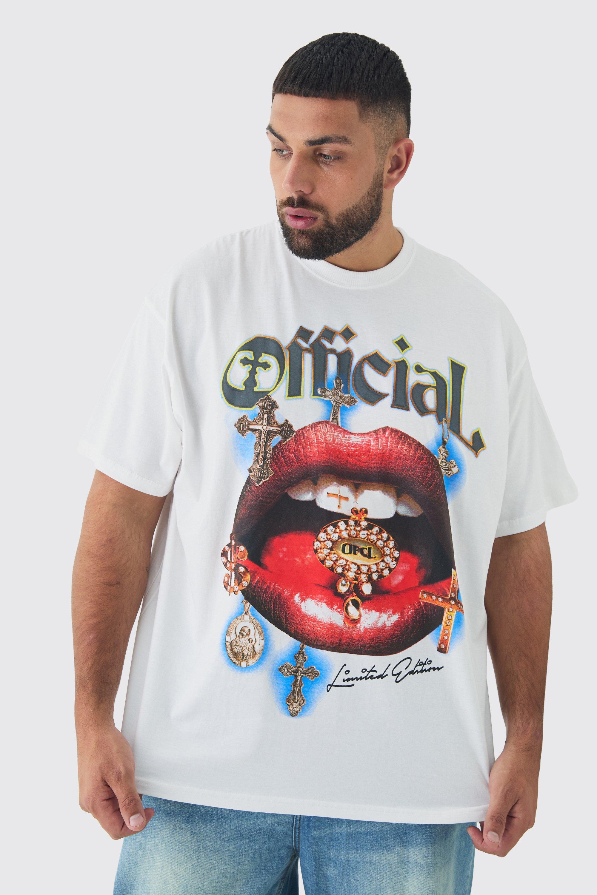 Mens Plus Official Lips Print Oversized T-shirt in White, White