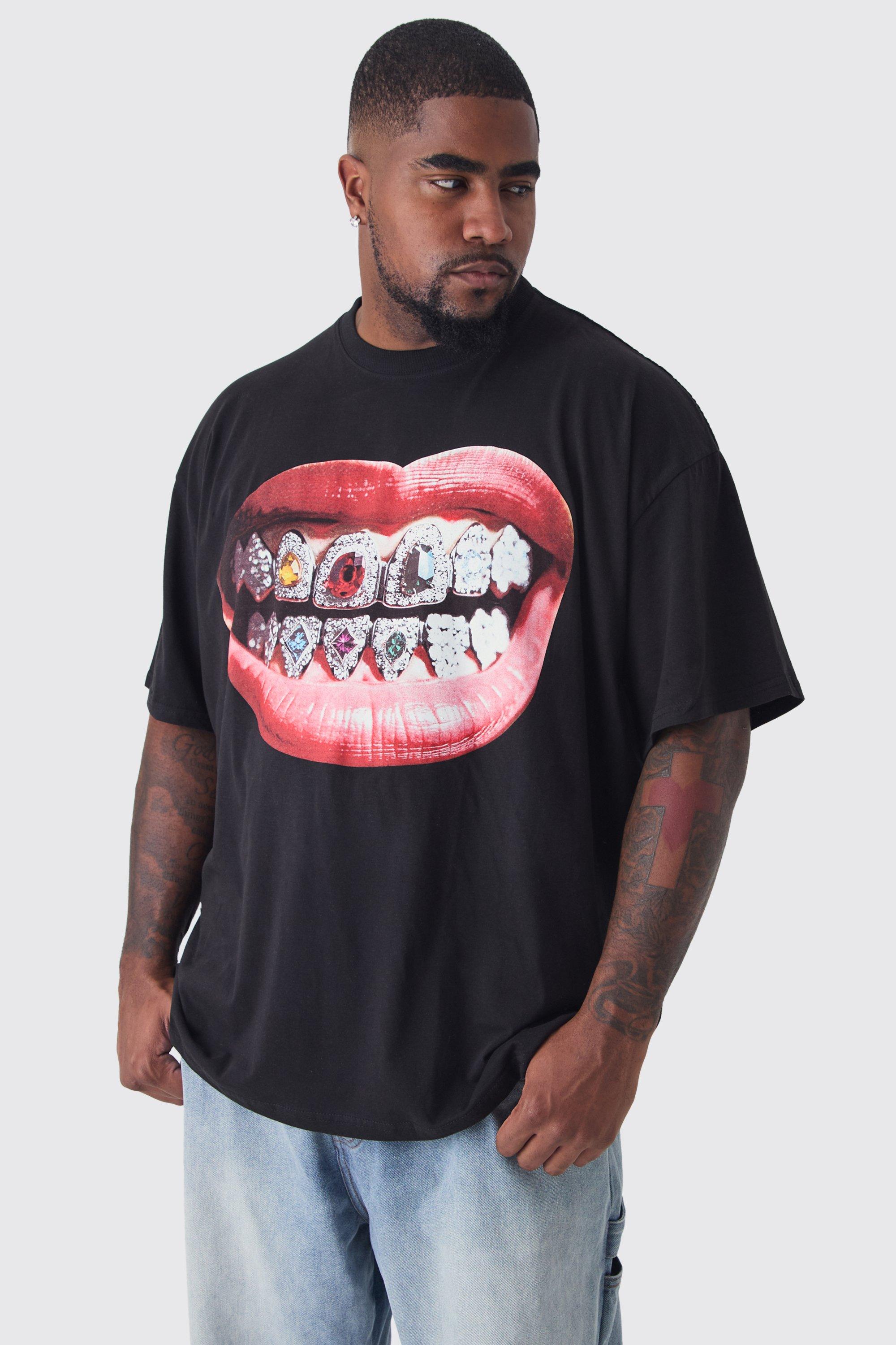 Mens Plus Grills Print Oversized T-shirt in Black, Black