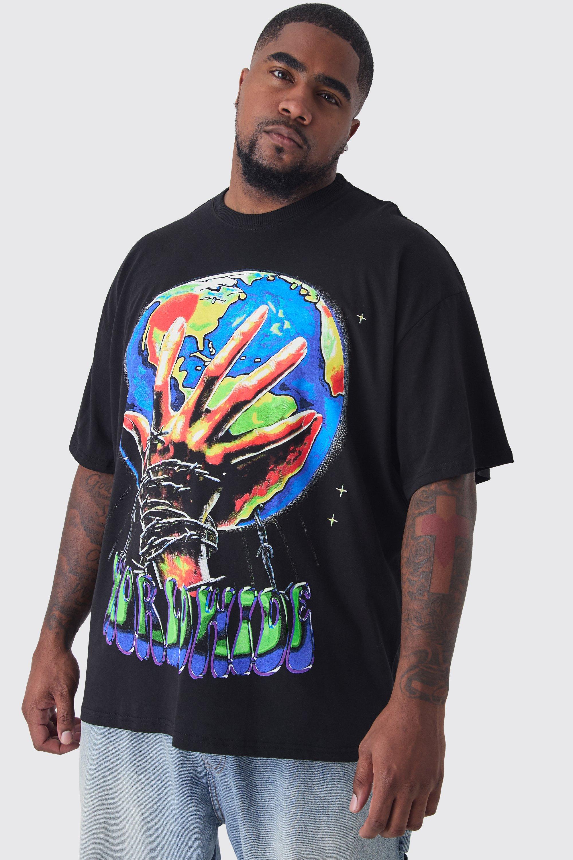 Mens Plus Worldwide Hands Print Oversized T-shirt in Black, Black