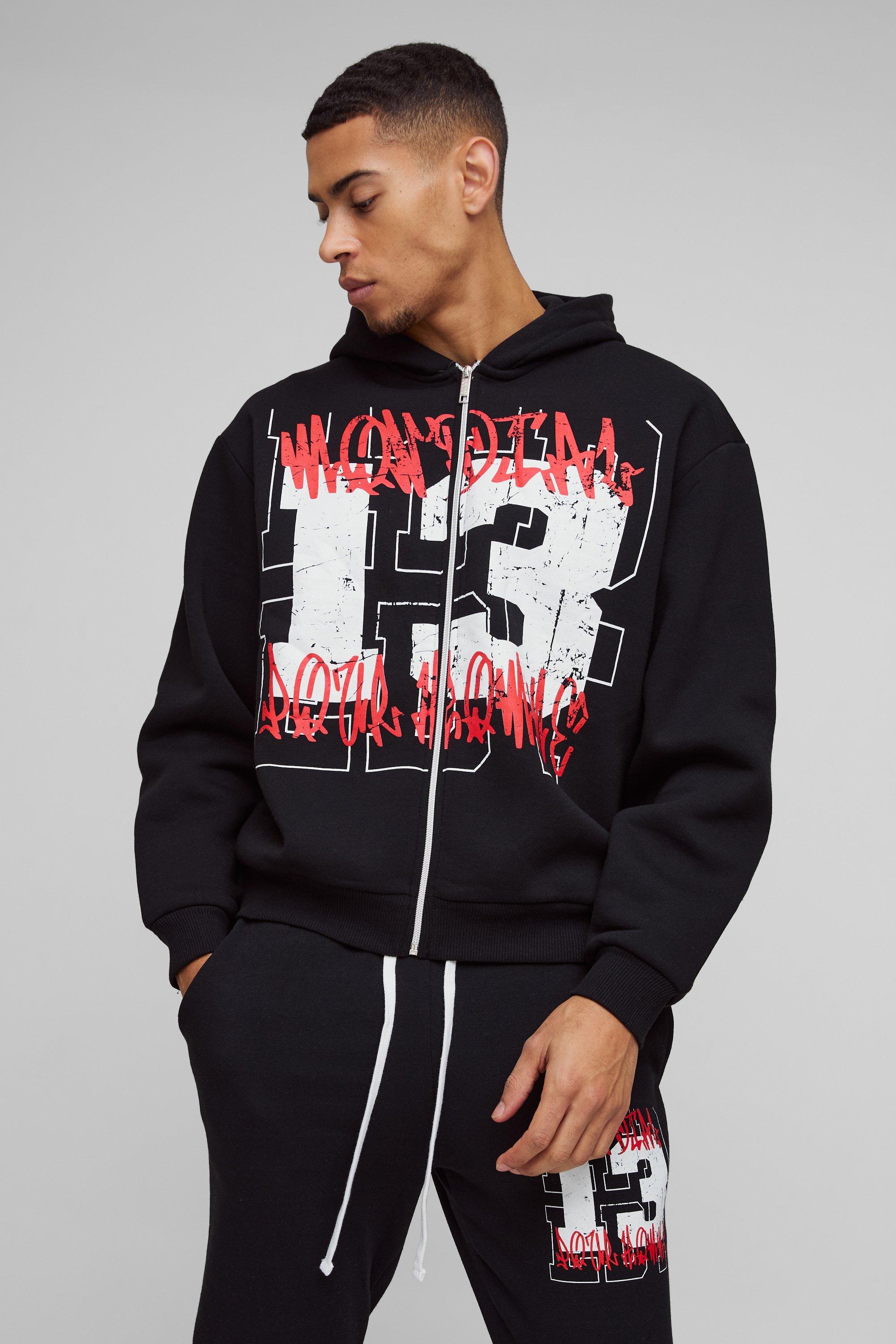 Felpa squadrata oversize stile college stile Graffiti 13 con zip e cappuccio, Nero