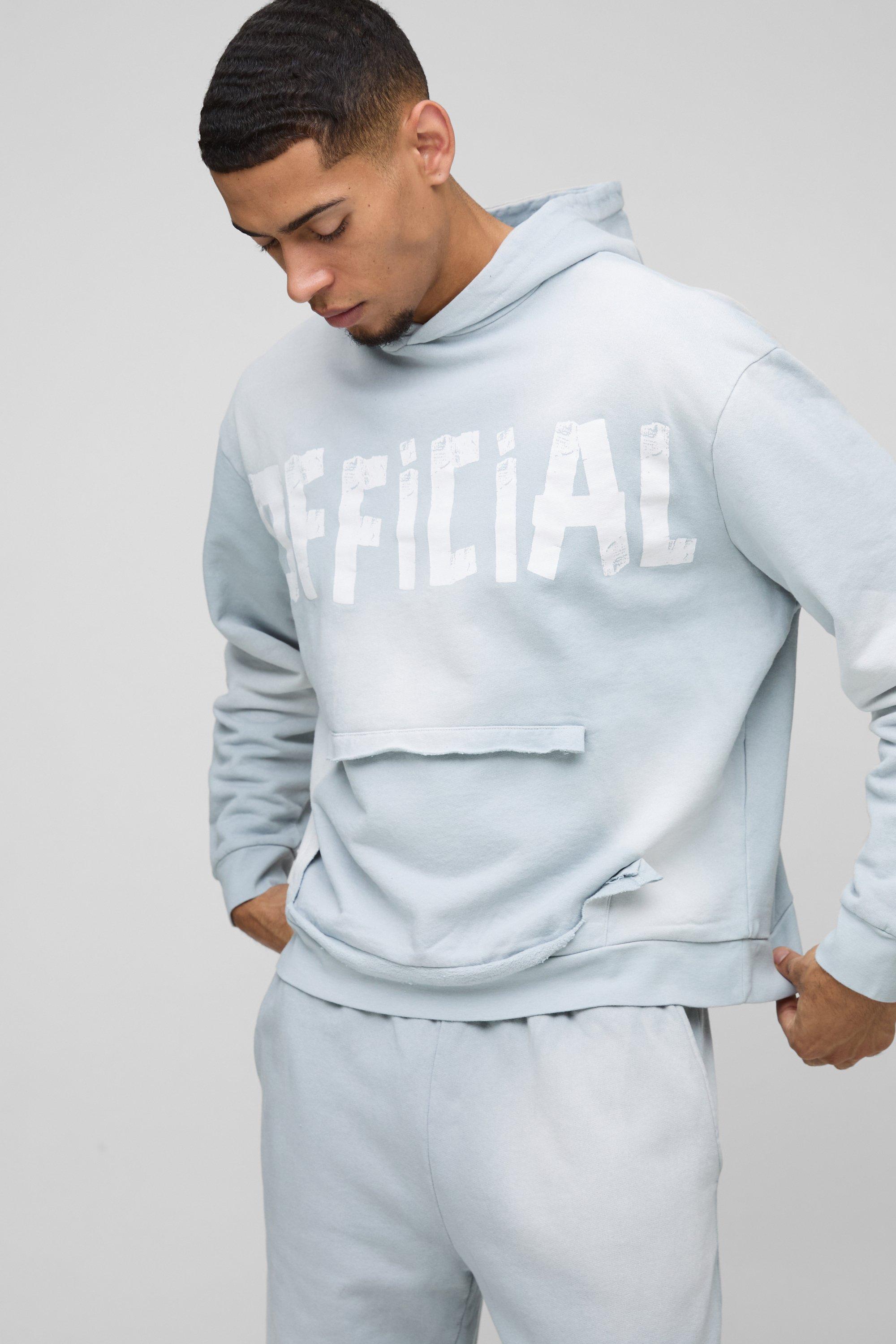 Felpa squadrata oversize Official a effetto consumato con tasche e cappuccio, Grigio