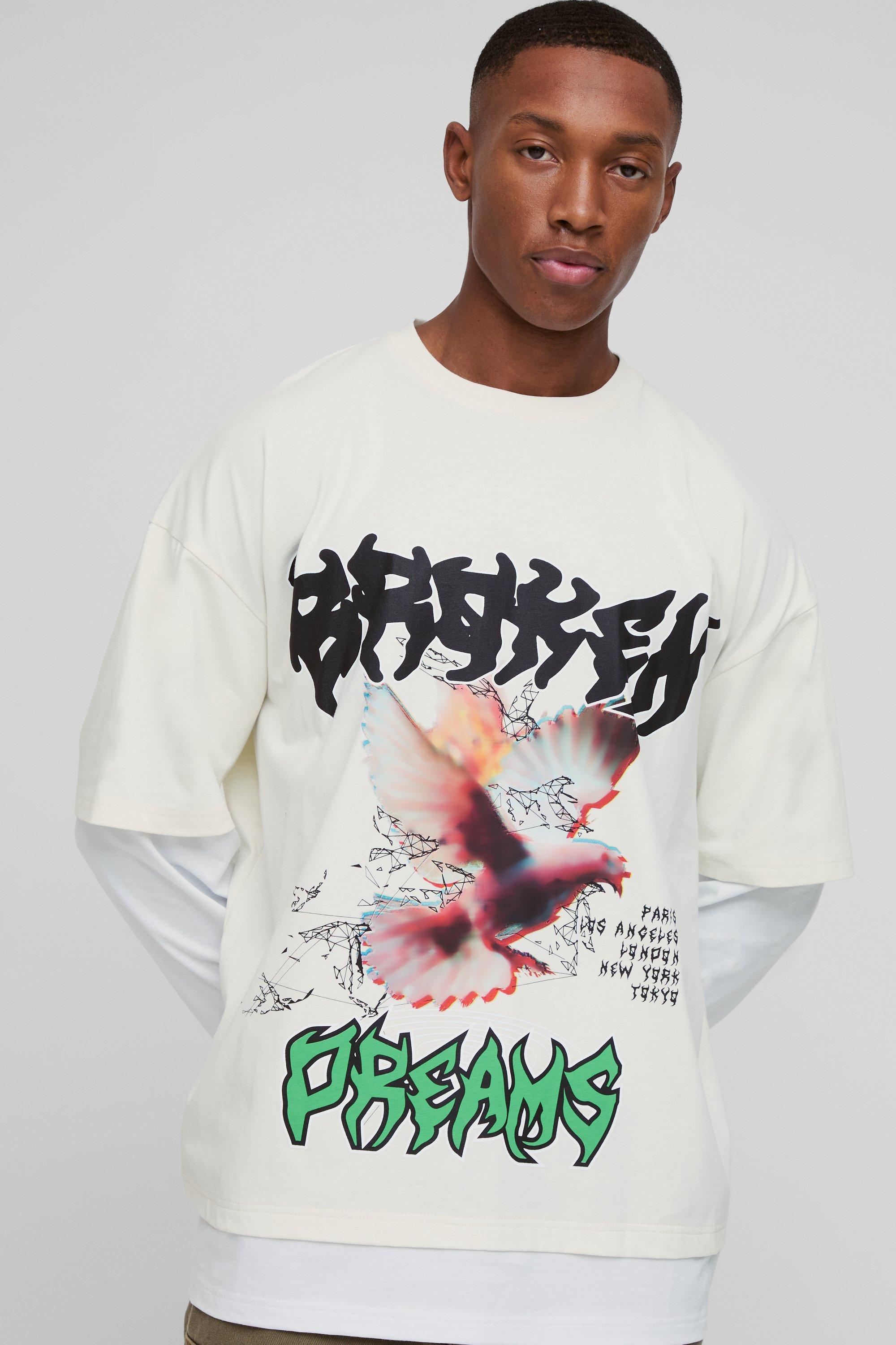 Mens Cream Oversized Broken Dreams Print Faux Layer Long Sleeve T-Shirt, Cream