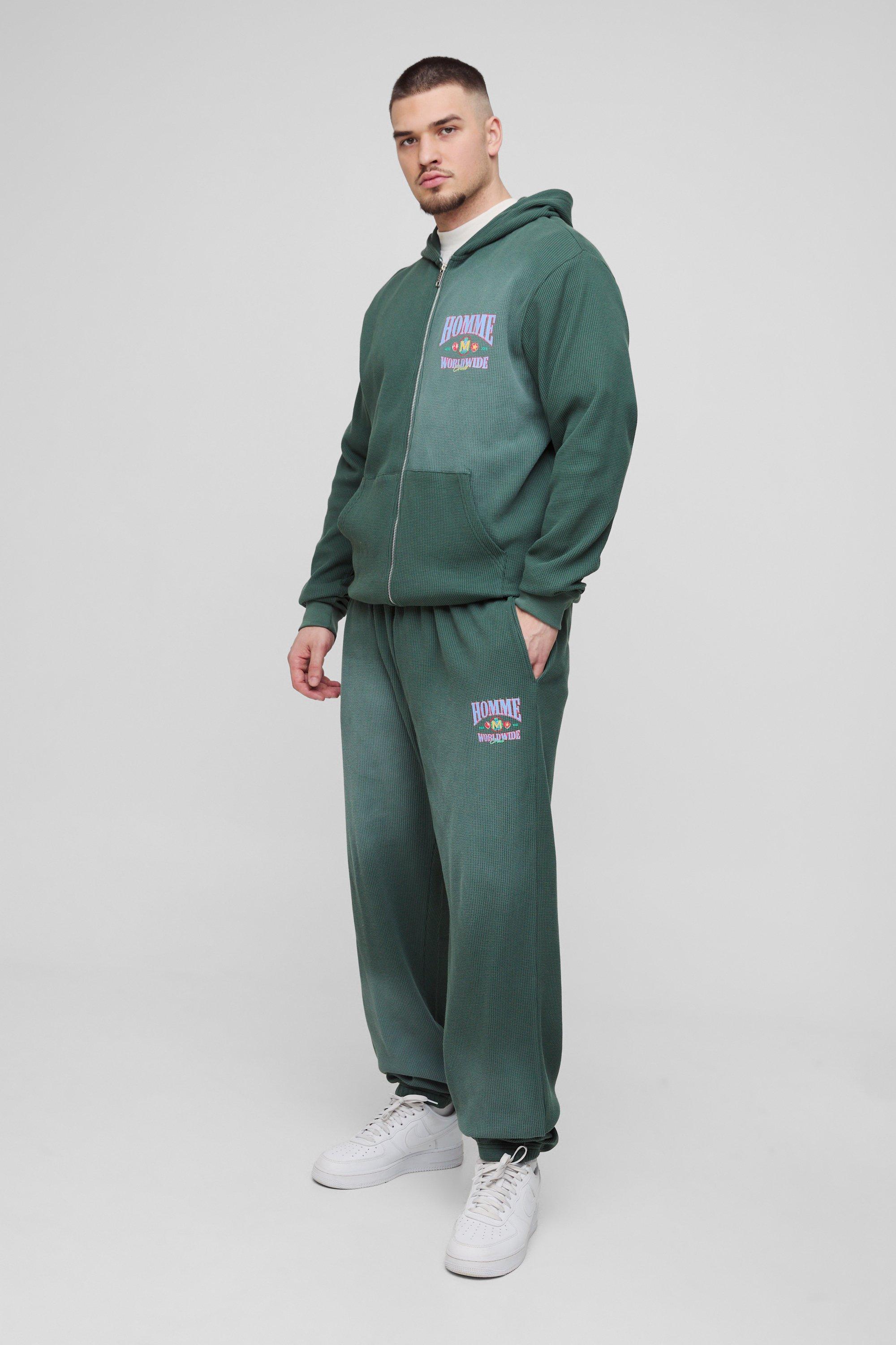 Mens Green Tall Spray Wash Waffle Graphic Hooded Tracksuit, Green