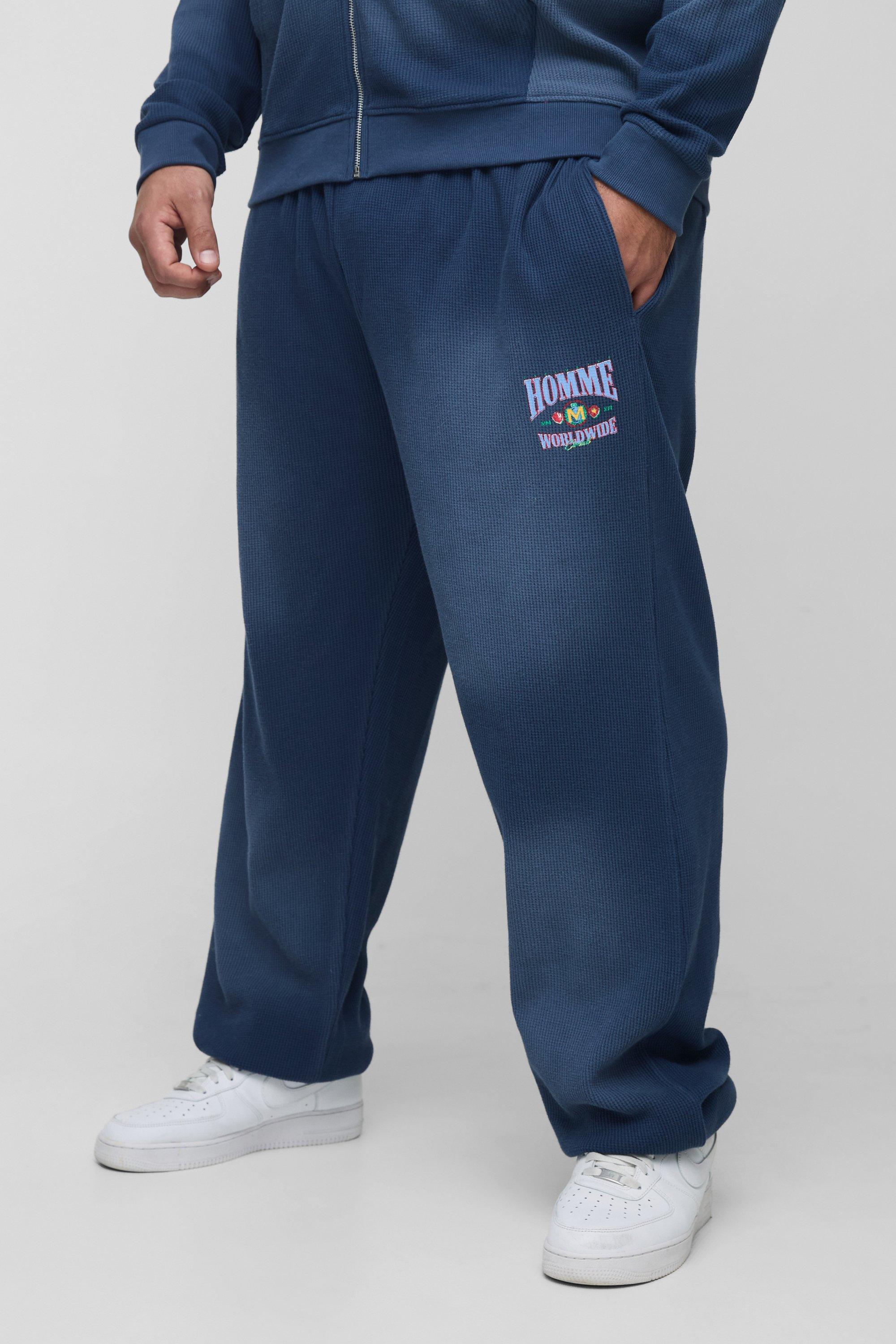 Mens Navy Plus Spray Wash Waffle Graphic Oversized Joggers, Navy
