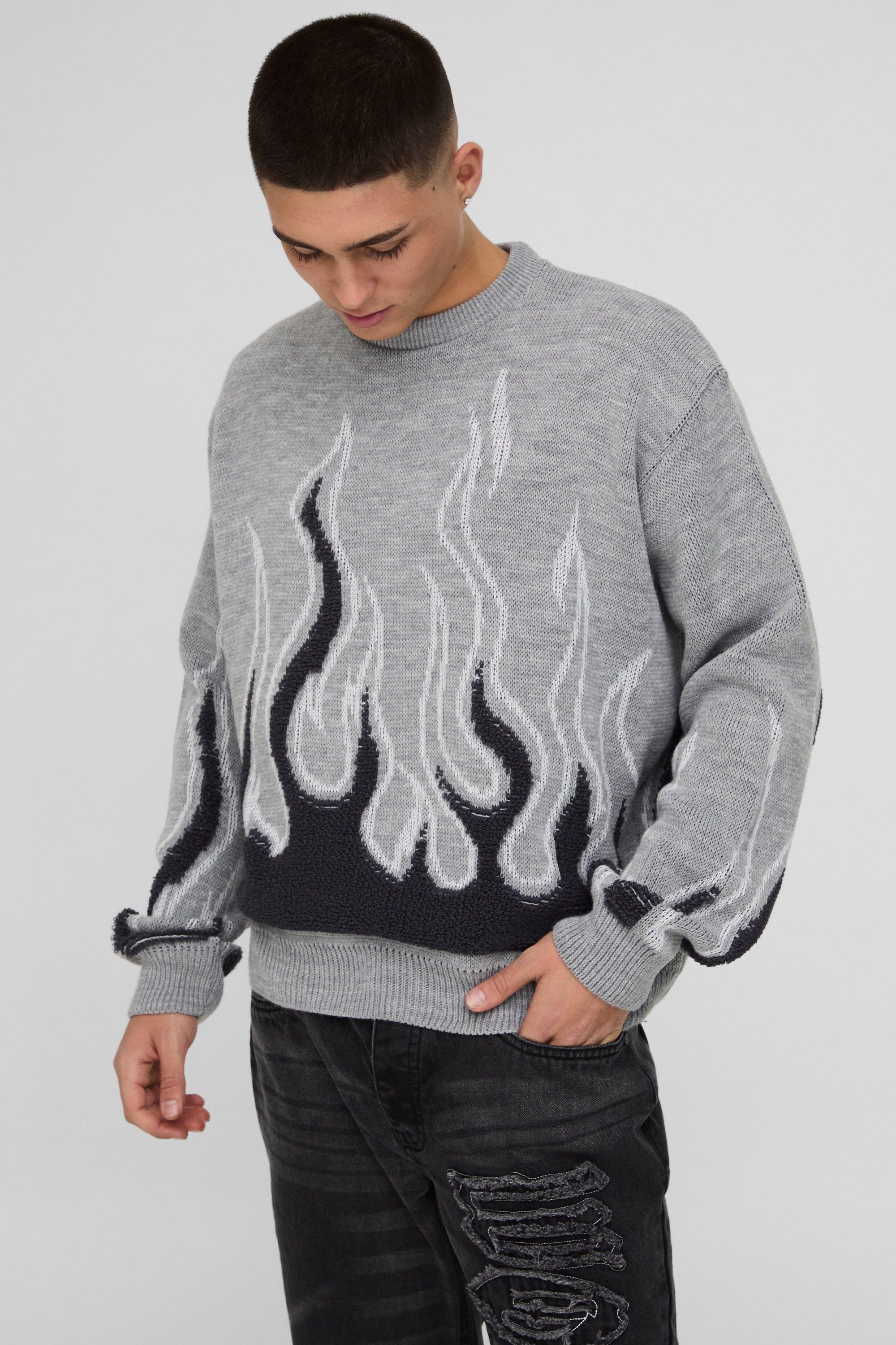 Mens Grey Oversized Boxy Flame Textured Knitted Jumper, Grey