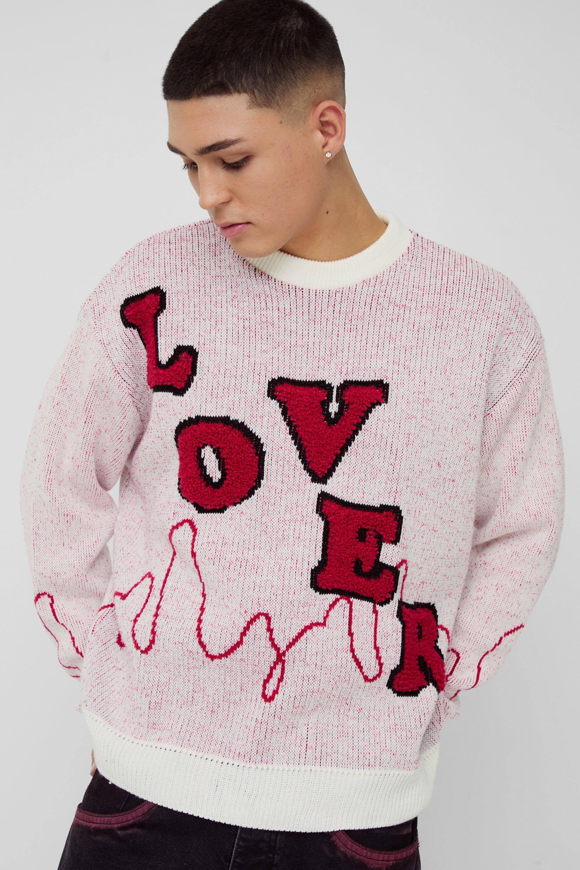 Mens White Oversized Boxy Lover Textured Knitted Jumper, White