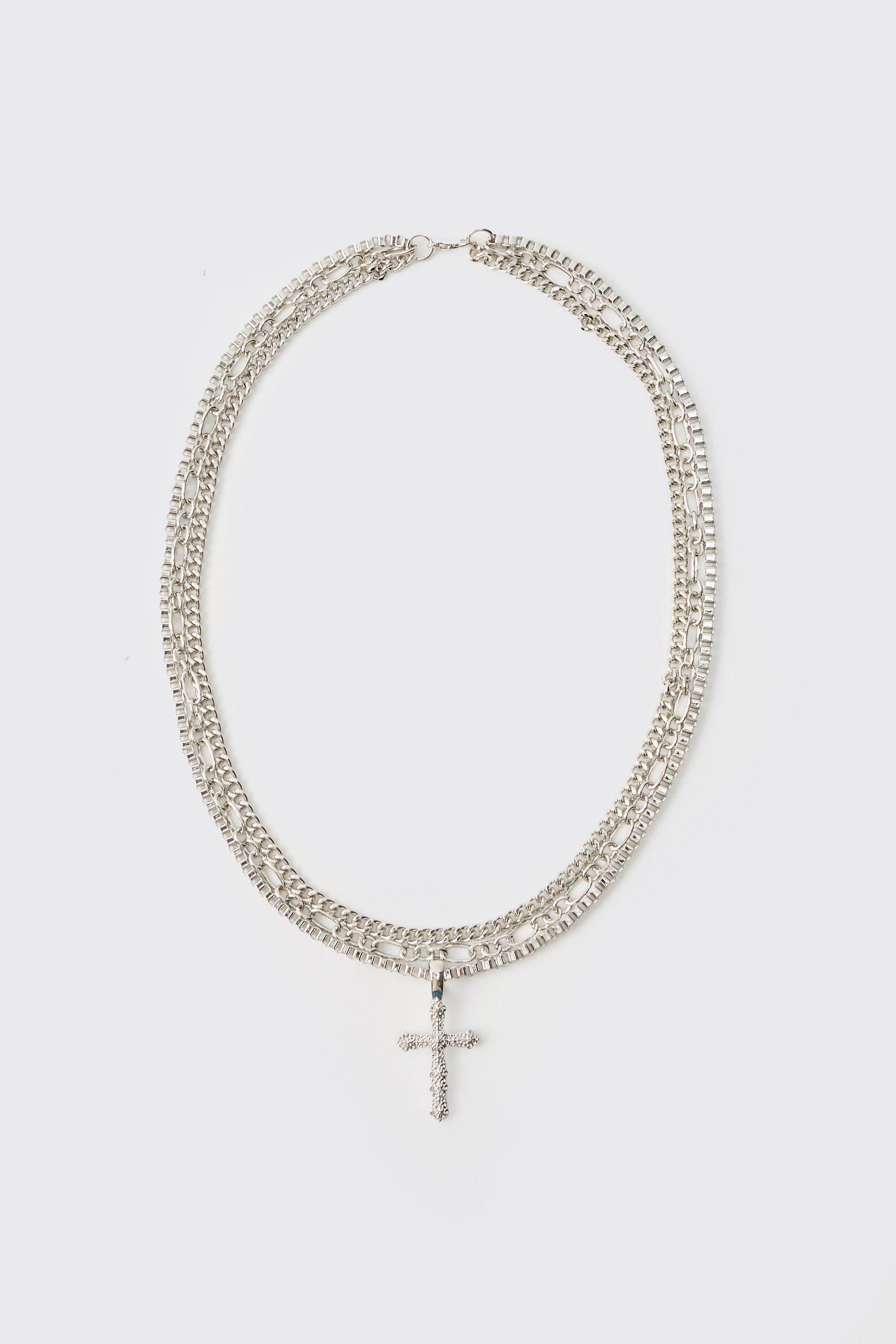 Mens Grey Layered Cross Necklace, Grey