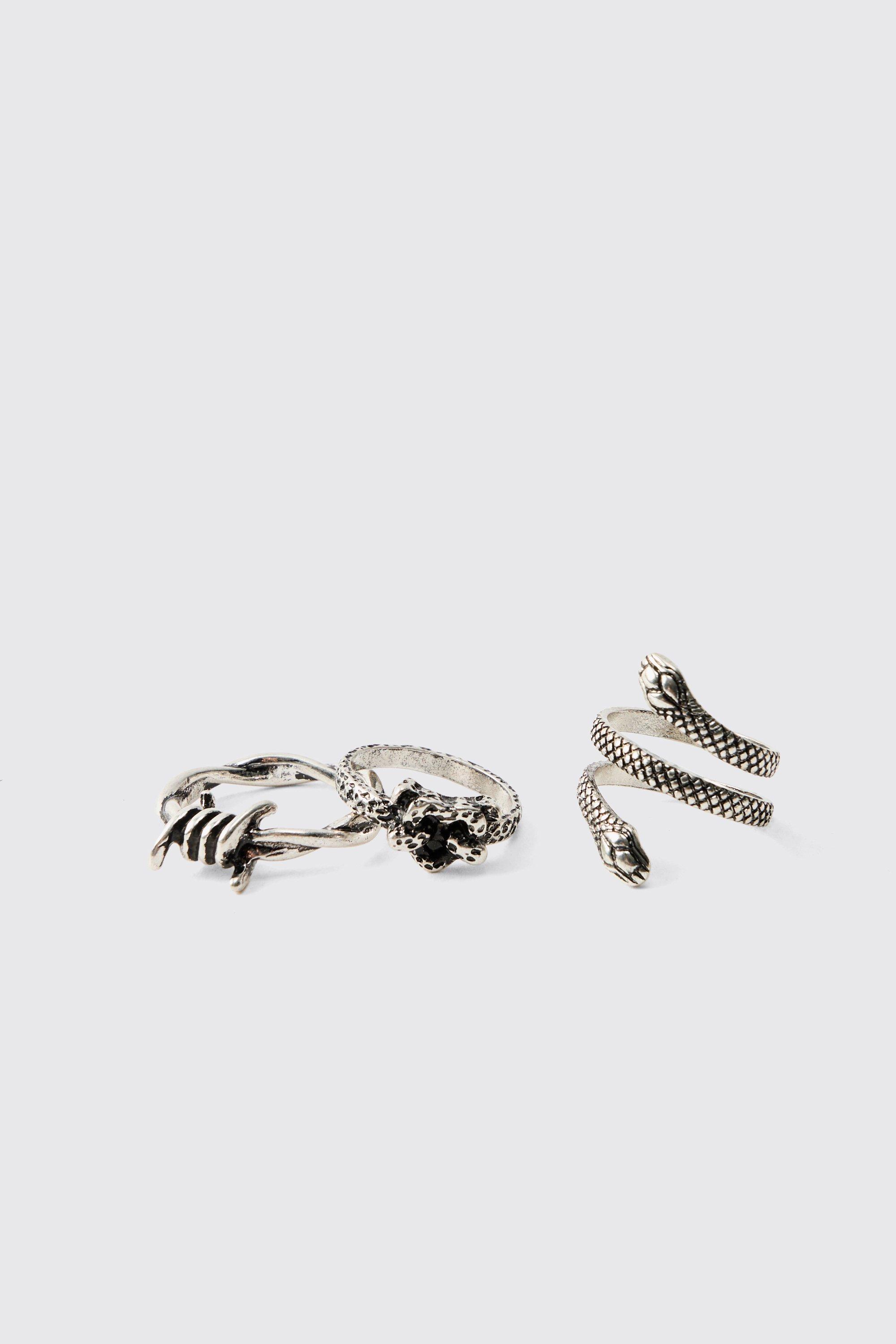 Mens Grey 3 Pack Silver Snake Rings, Grey