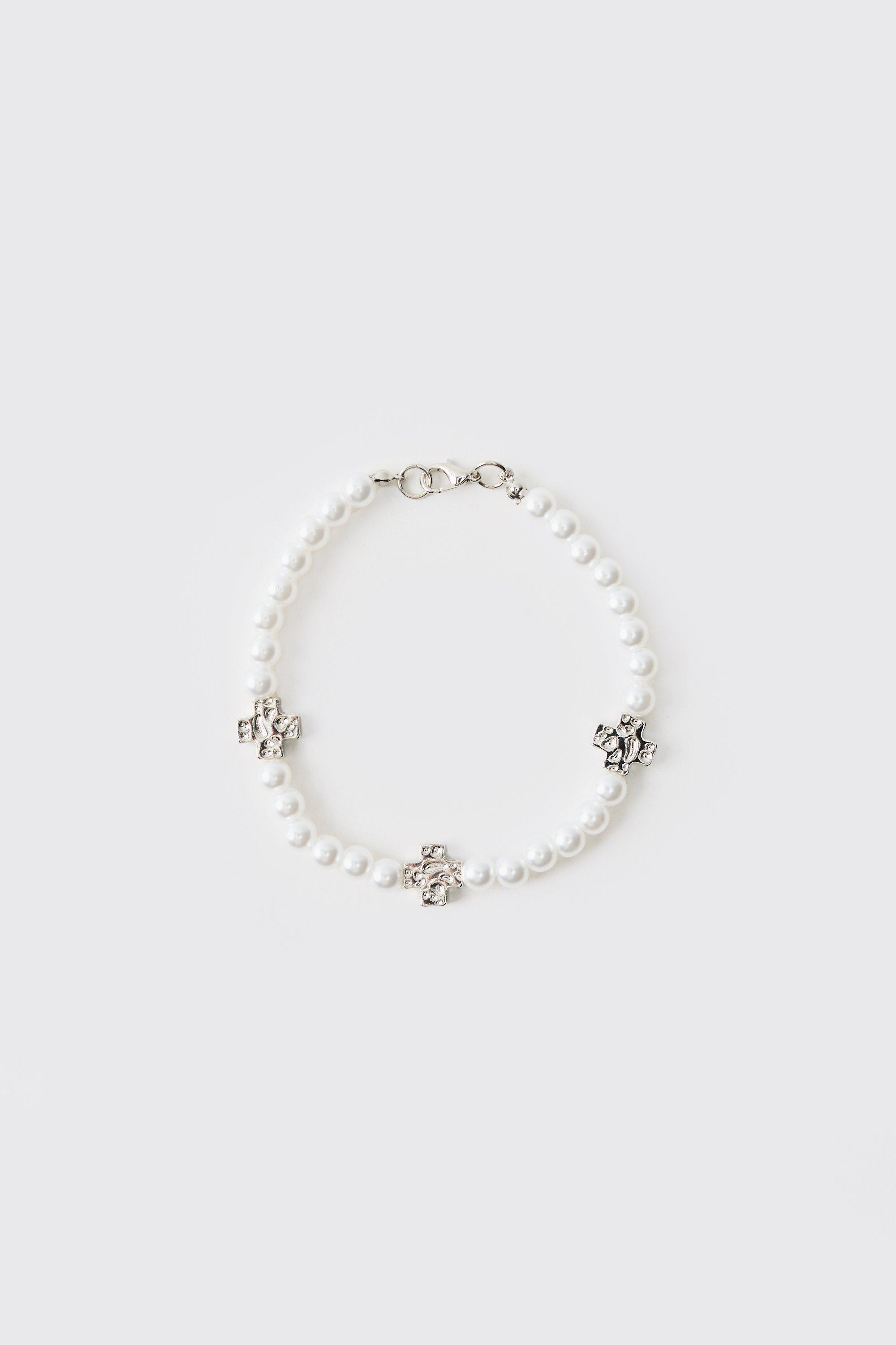 Mens White Pearl Bracelet with Cross Charms, White